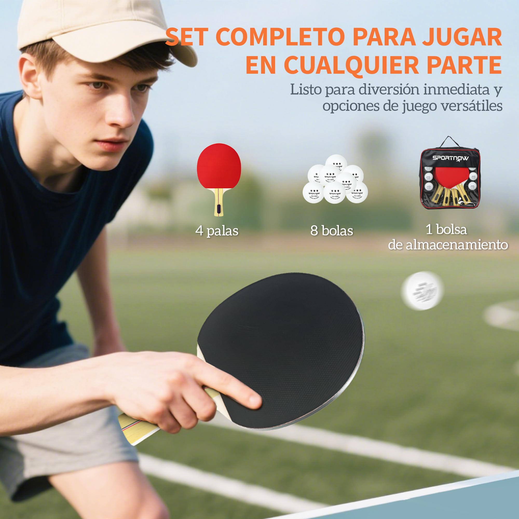 SPORTNOW Palas de Ping Pong, Juego de Tenis de Mesa Portátil, con 4 Raquetas de Ping Pong, 8 Pelotas y Estuche de Transporte, para Principiantes, Expertos, Interior y Exterior Rojo