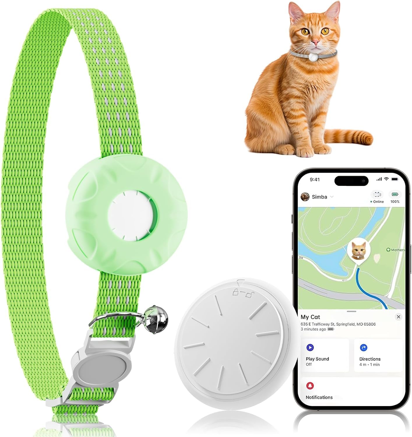 Rastreador de gatos localizador GPS sin suscripción y collar elástico seguro iOS