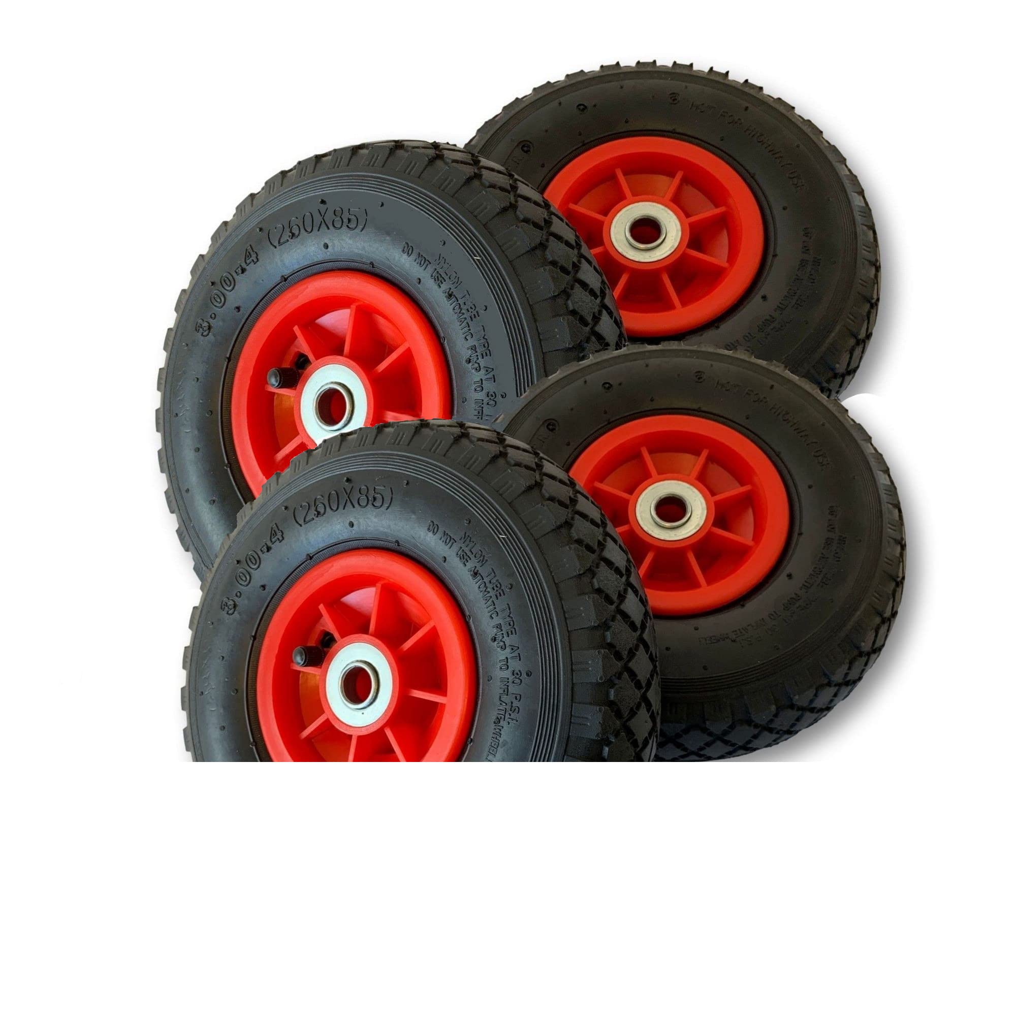 Lot de 4 Roue gonflable 260 x 85 mm (3.00-4) Diable / Chariot Alésage 20 mm