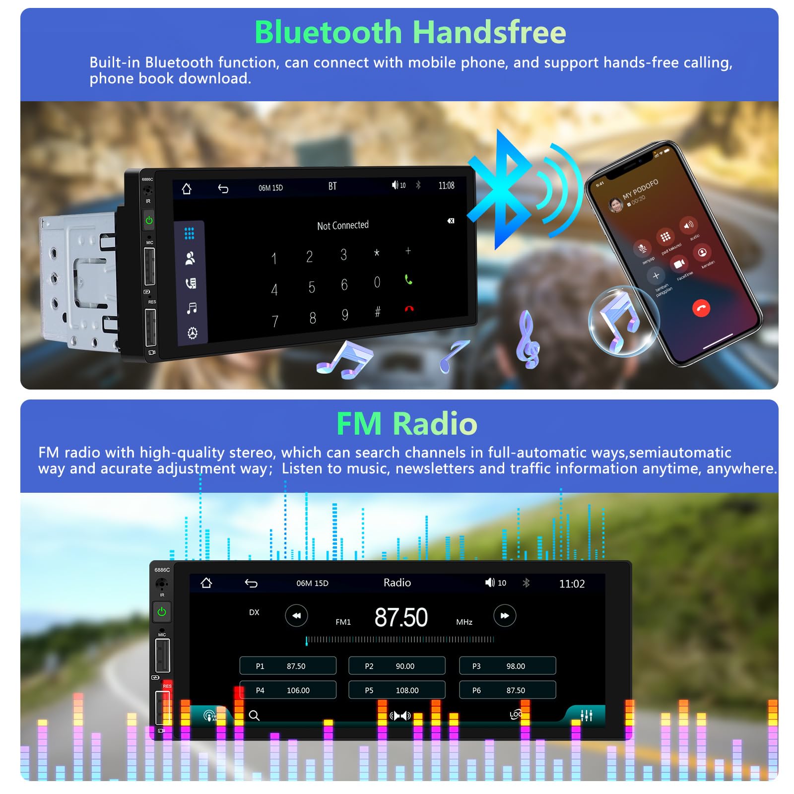 Podofo Autoradio 1 Din avec CarPlay Android Auto, Écran Tactile de 6.86 Pouces Bluetooth Radio avec FM Lien Miroir + AHD Caméra de Recul&Mic