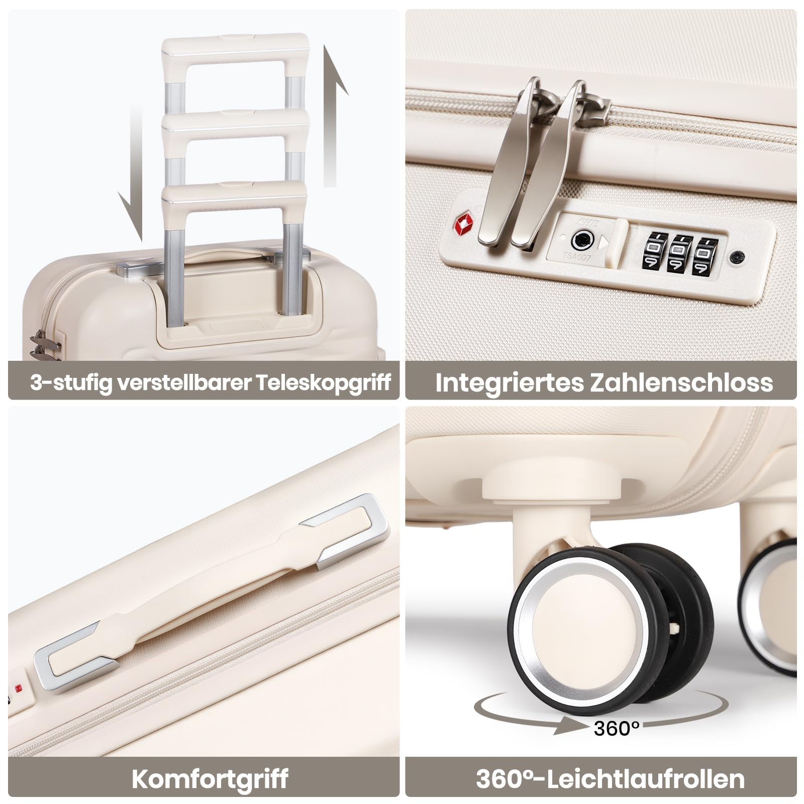 Zestawy walizek z kosmetyczką lekka walizka podróżna ABS + PC twarda skorupa z kołami obrotowymi, biały, 4 Piece Set, Nowoczesna twarda strona