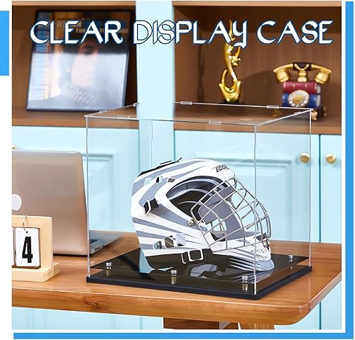 Miniatura 5 de Barydat Vitrina transparente para casco, caja de exhibición de sombrero de béisbol acrílico de cristal con elevadores de acero inoxidable, soporte