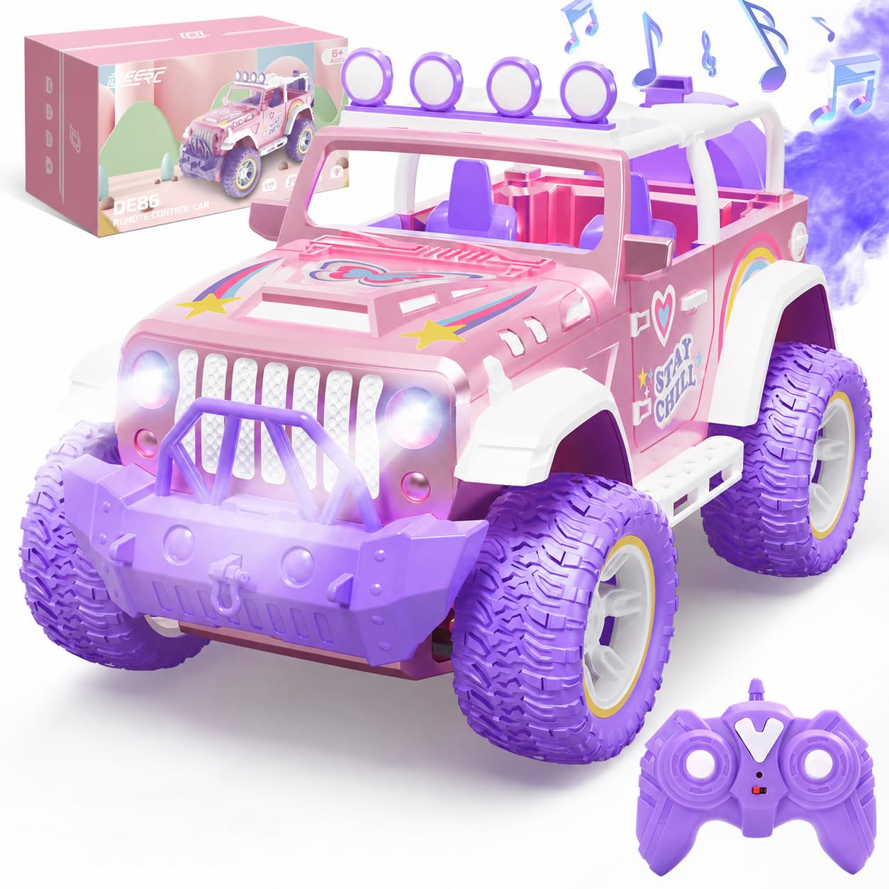 DEERC Różowy Samochód Pilot Dla Dziewczyn Mgła Mgła i Muzyka, 1:16 RC Samochód z LED Światła Dla Dzieci, 2.4Ghz All Terrain SUV Ciężarówka Prezenty, Samochód Wyścigowy Offroad Zabawka Samochód, Graj
