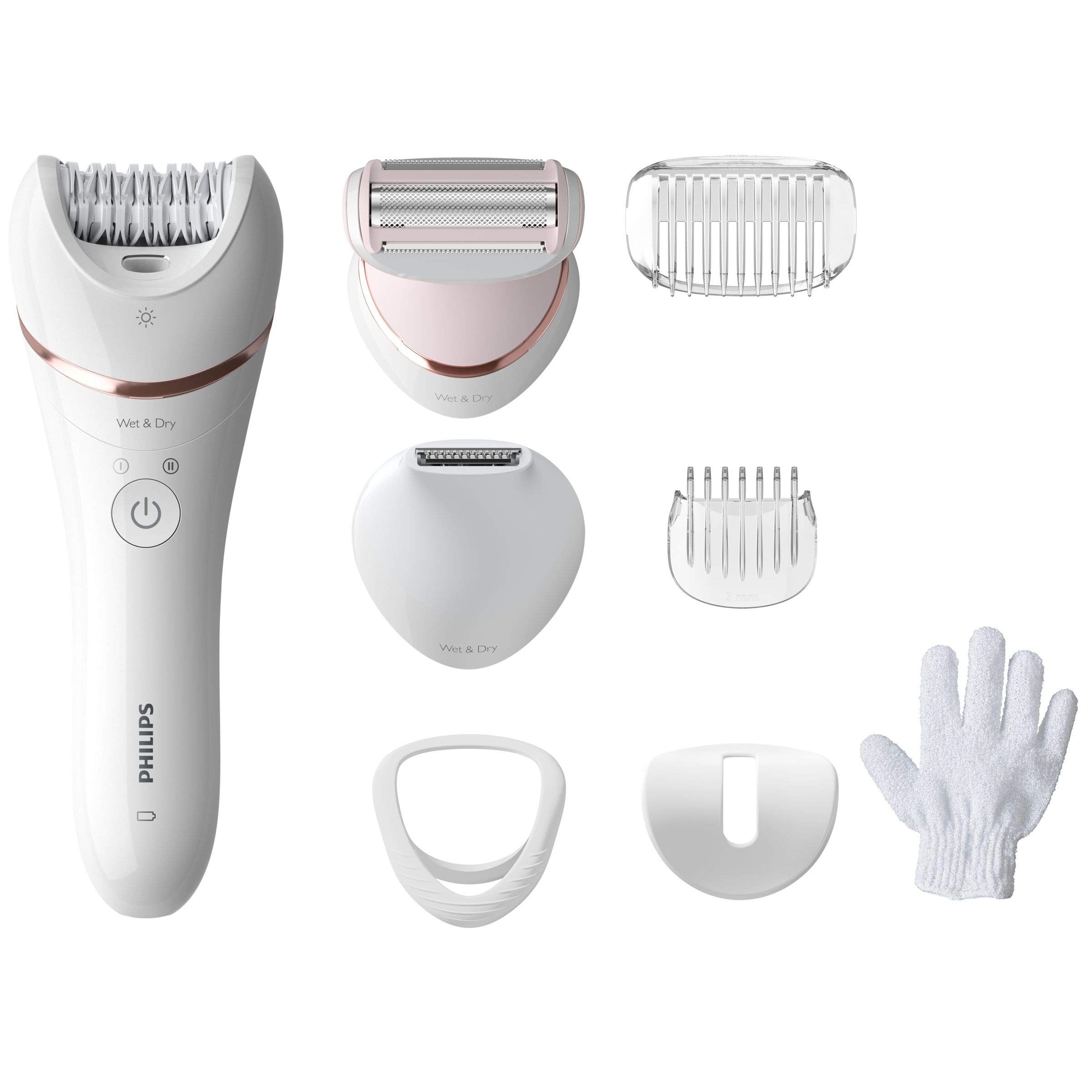 Philips Epilator Series 8000.Wet And Dry Cordless Hair Removal For Legs And Body With 8 Accessories.Shaving Head And Trimming Comb. Exfoliation Glove. 3 Pin, Bre720/01. HC3525/13, 8 accessories, Cordless