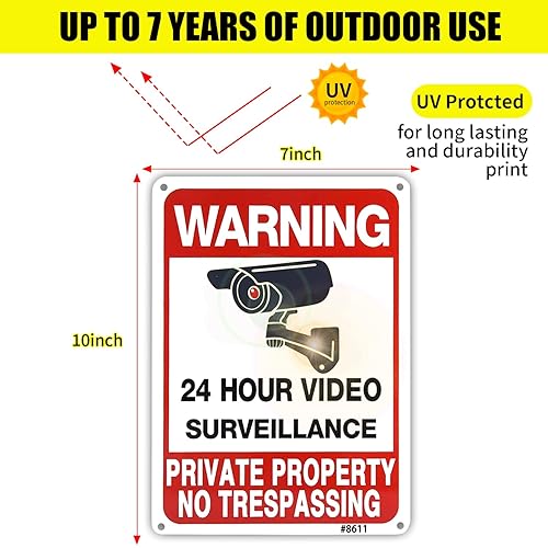 Miniatura 2 de Juego de 4 letreros de advertencia de videovigilancia las 24 horas, aluminio, 10 x 7 pulgadas, impresión UV, disuasorio para la propiedad privada,