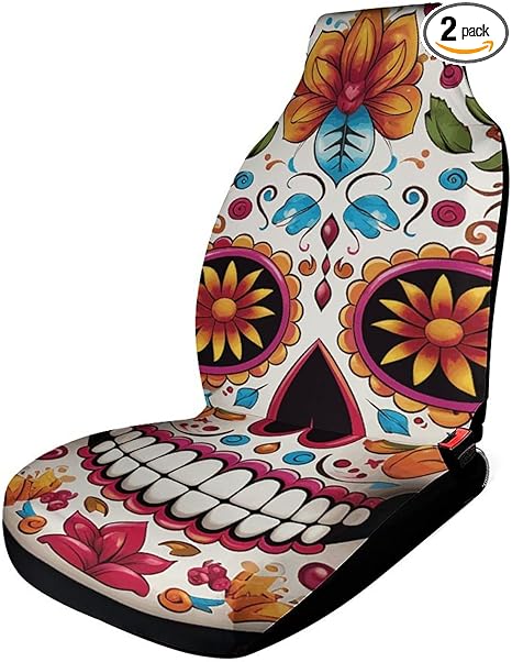 Colorful Sugar Skull Car Seat Cover Front Seats Protector - Universal Fit, Non-Slip & Stretch 1PCS Automotive Seat Covers for Sedans, SUVs, Trucks