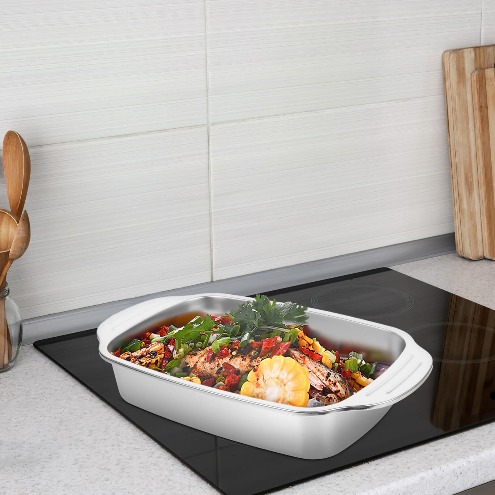 Kichvoe Stainless Steel Rectangular Roasting Pan with Handle Heavy Duty Oven Tray Pasta Baking Cookie Sheet Dish Barbecue Grill Pan for Kitchen Camping Silver