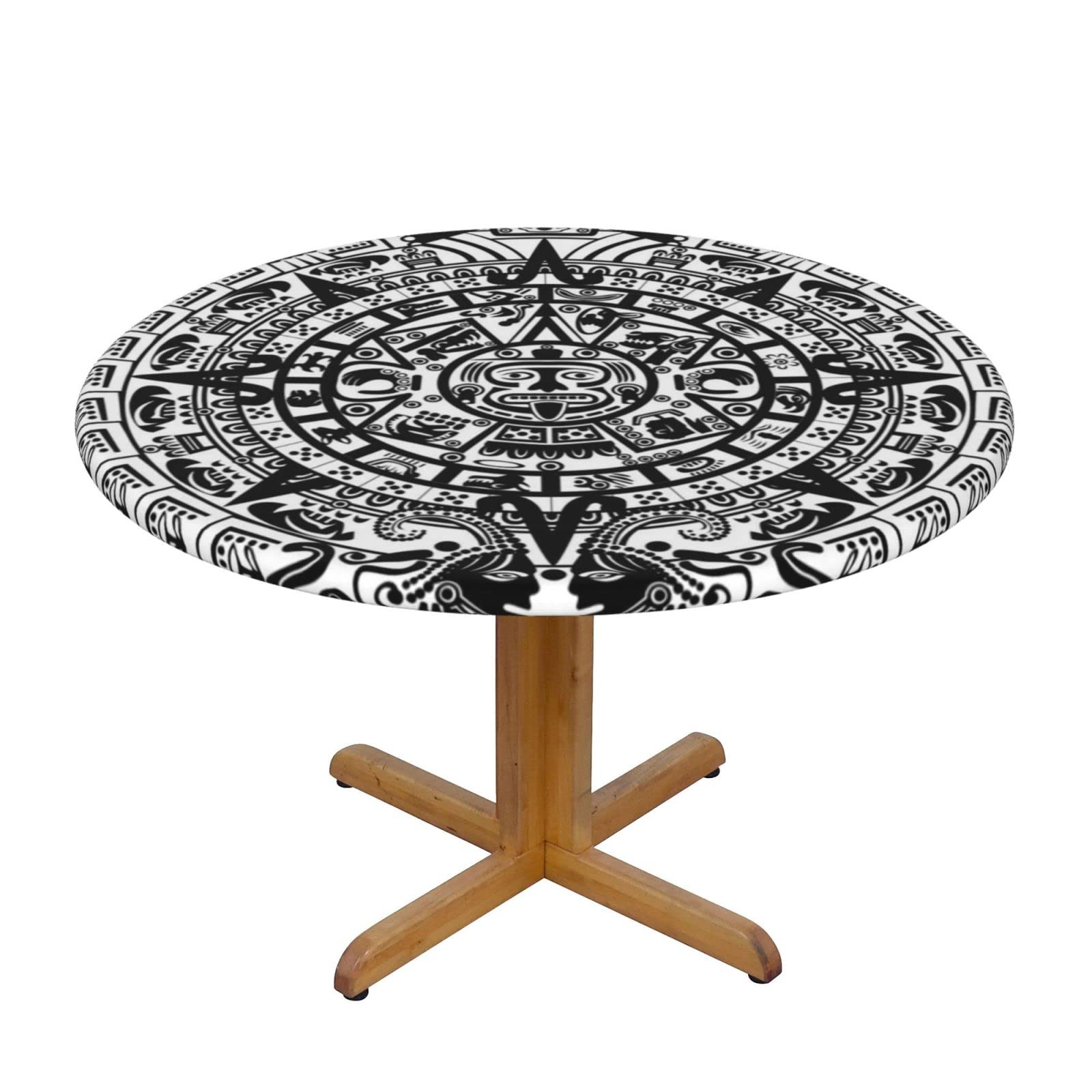 Lsjuee Round Fitted Tablecloth 45-50in Elastic Edged Table Cloth for Kitchen Dining Party Home Decor - Maya Tribal Symbol Black White