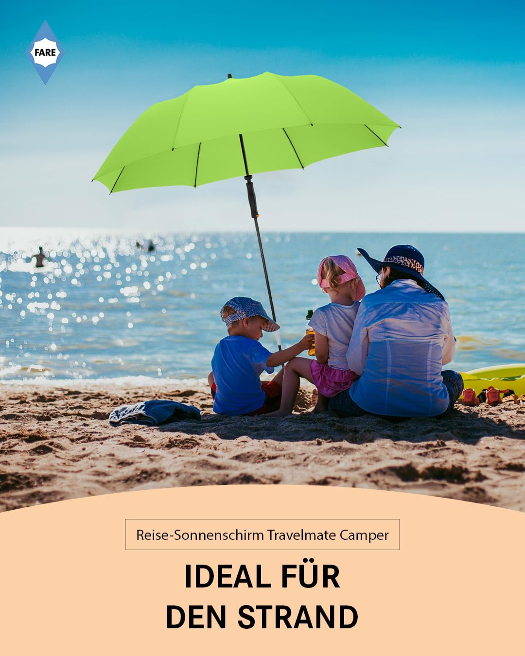 FARE Parasol podróżny Travelmate Camper – lekki i kompaktowy, ochrona przed promieniowaniem UV UPF50+, idealny w podróży, na plażę, na kemping – może być używany jako parasol