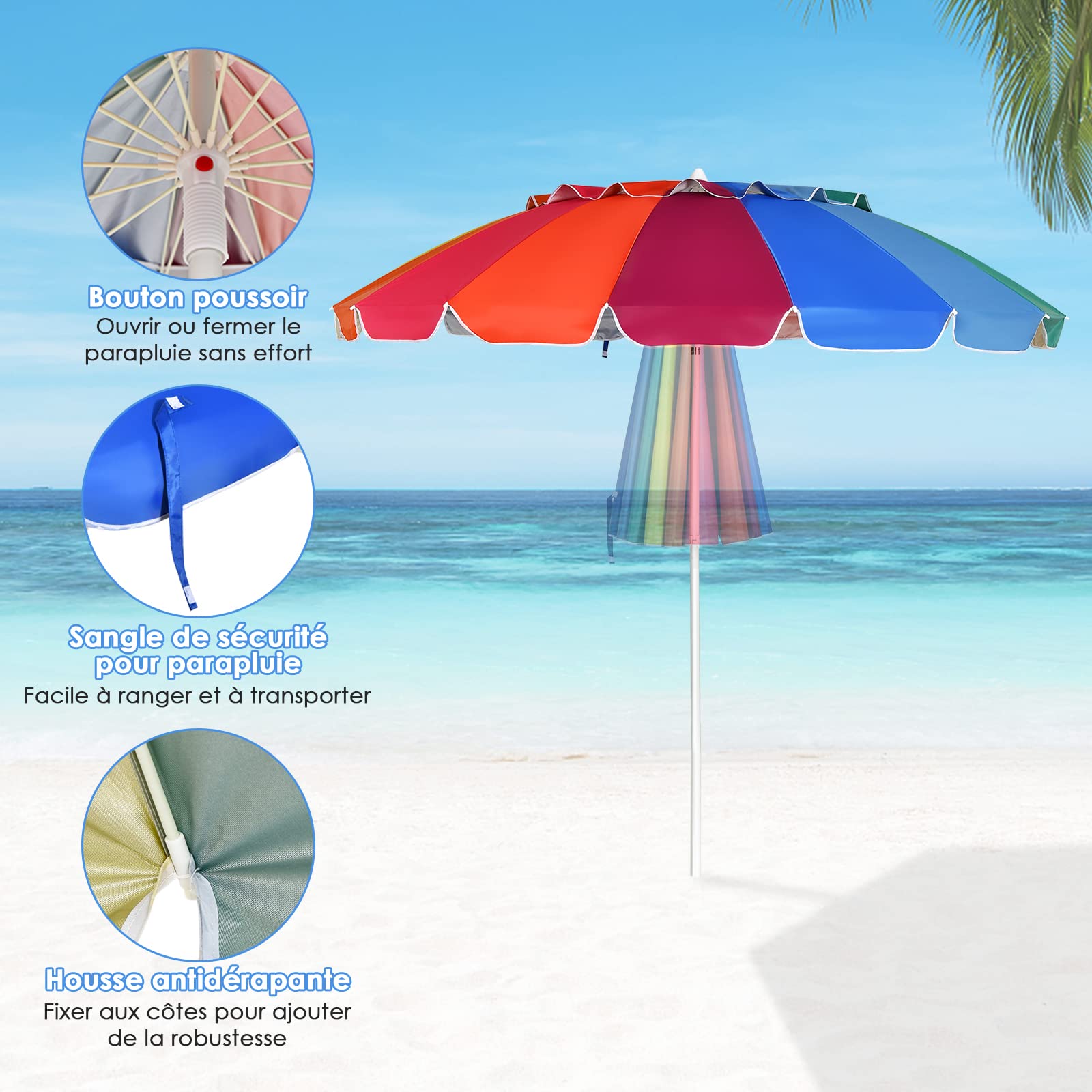 RELAX4LIFE Parasol de Plage Inclinable Ø245 cm (Multicolore)