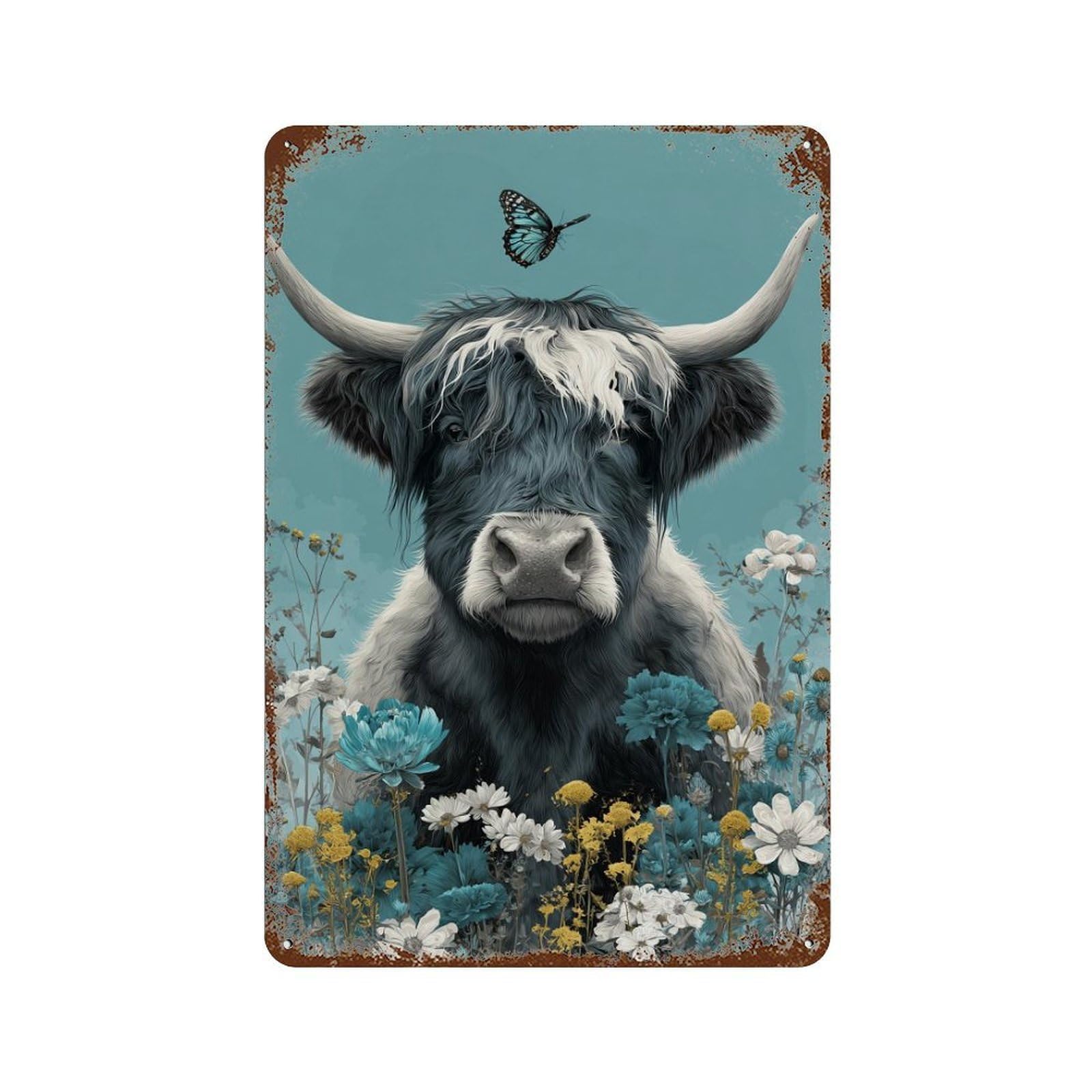 Highland Cow with Butterfly 11.8"x7.9" Decorative Tin Sign, Retro Wall Decor for Bistro, Counter And Cafe Decor