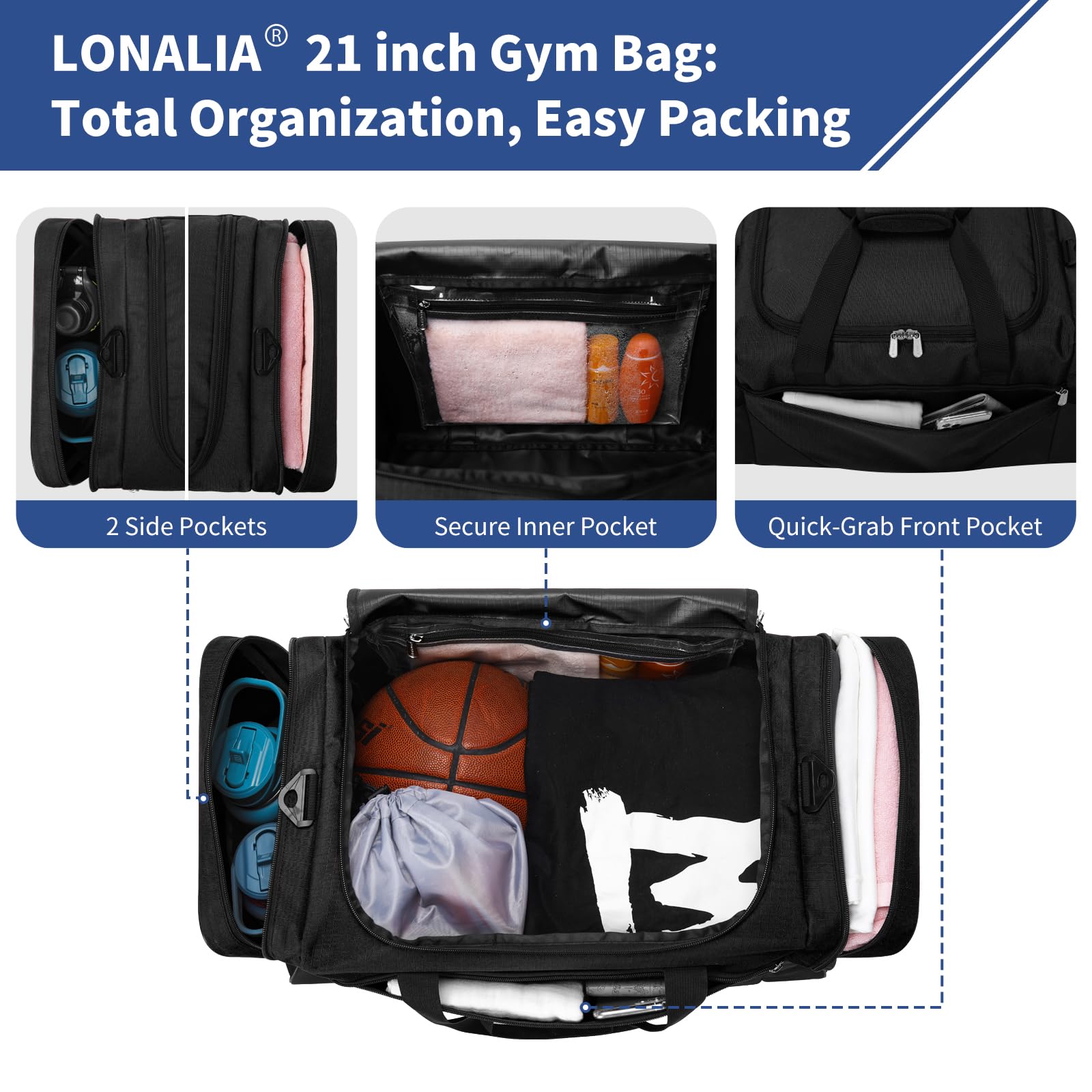 Sac de Sport 45L avec Poche Humide et Compartiment à Chaussures - 53 * 28 * 30.5 cm Sac de Voyage avec Multi Poches et Un Pochette à Chaussures pour Sport, Weekend - Noir - 4