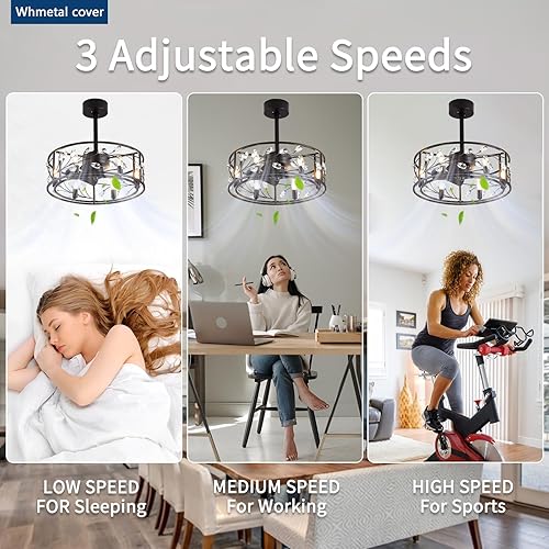 Miniatura 6 de Ventilador de techo enjaulado de 20 pulgadas con luces y control remoto, ventilador de techo de perfil bajo de cristal negro con 3 cuchillas