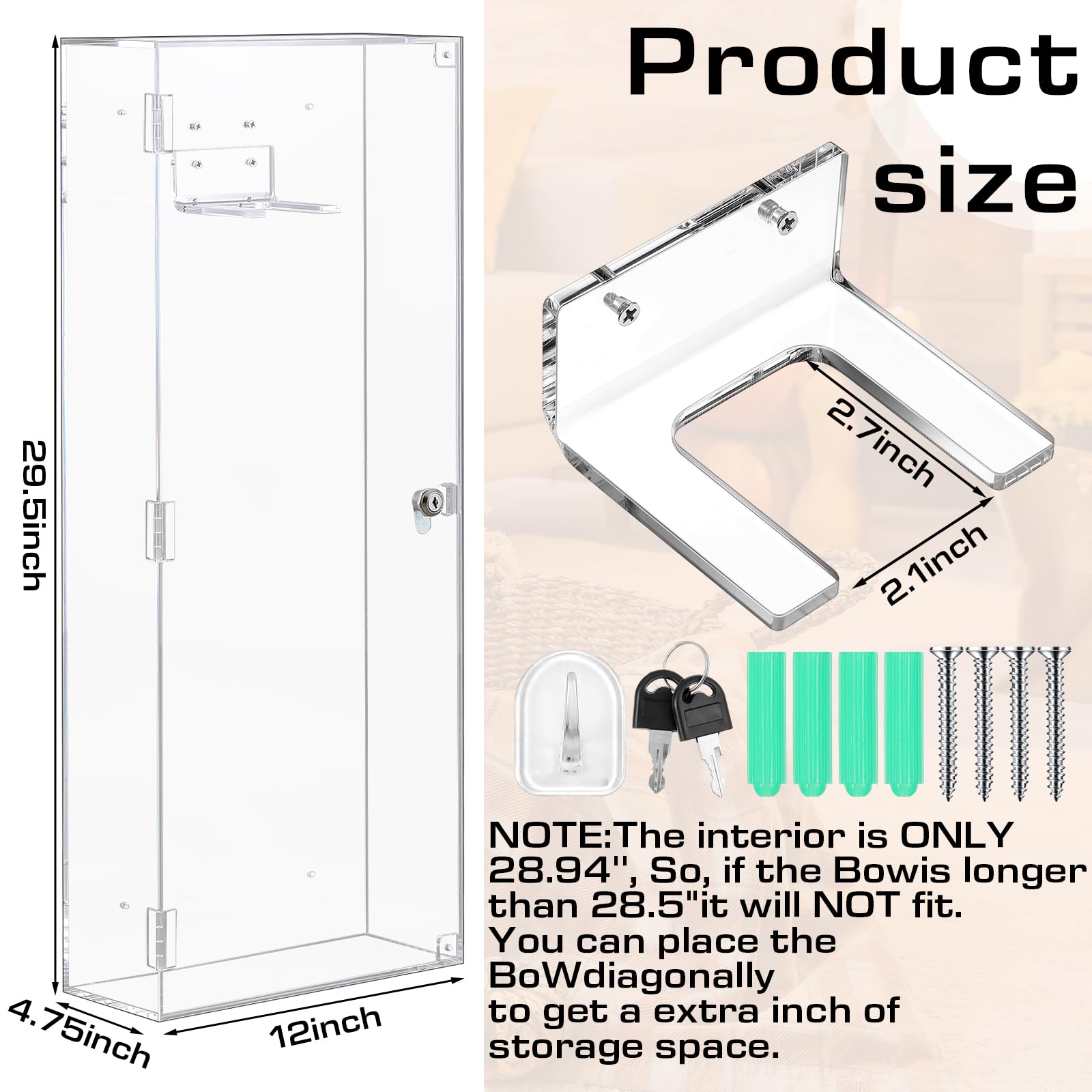 Silipull Geige Acryl Vitrine mit Schloss Schlüssel Magnetische Tür Ukulele Fiddle Vitrine Shadow Box mit Aufhänger 29,5 x 12 x 4,75 Zoll Violinenkoffer für Musiker Sammlung