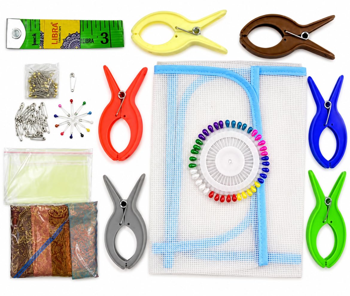 Lai Lai Saree Pre-Pleating Kit with 6 Items Ironing Mat 1 Pcs | 4-inch Clips 6 Pcs Measuring Tape, Saree Packing Cover (14 X 18 inches) 5Pcs, Safety Pin 50 Pcs, and Pearl Pin 40 Pcs | for Beginners-image-9