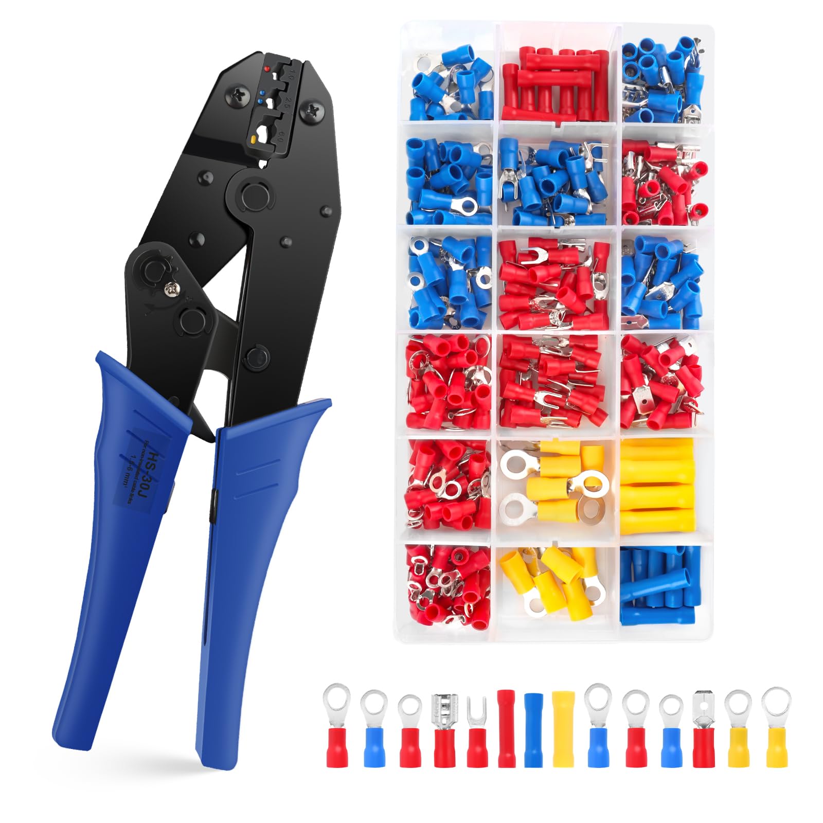 VFANDV Pinza Crimpatrice Capicorda, con 300 Capicorda Isolati a Crimpare, Crimpatrice Puntalini per 1.5-6 mm², Autoregolanti Strumenti di Crimpatura, Crimping Tool per Elettricista Riparare (HS-30J)