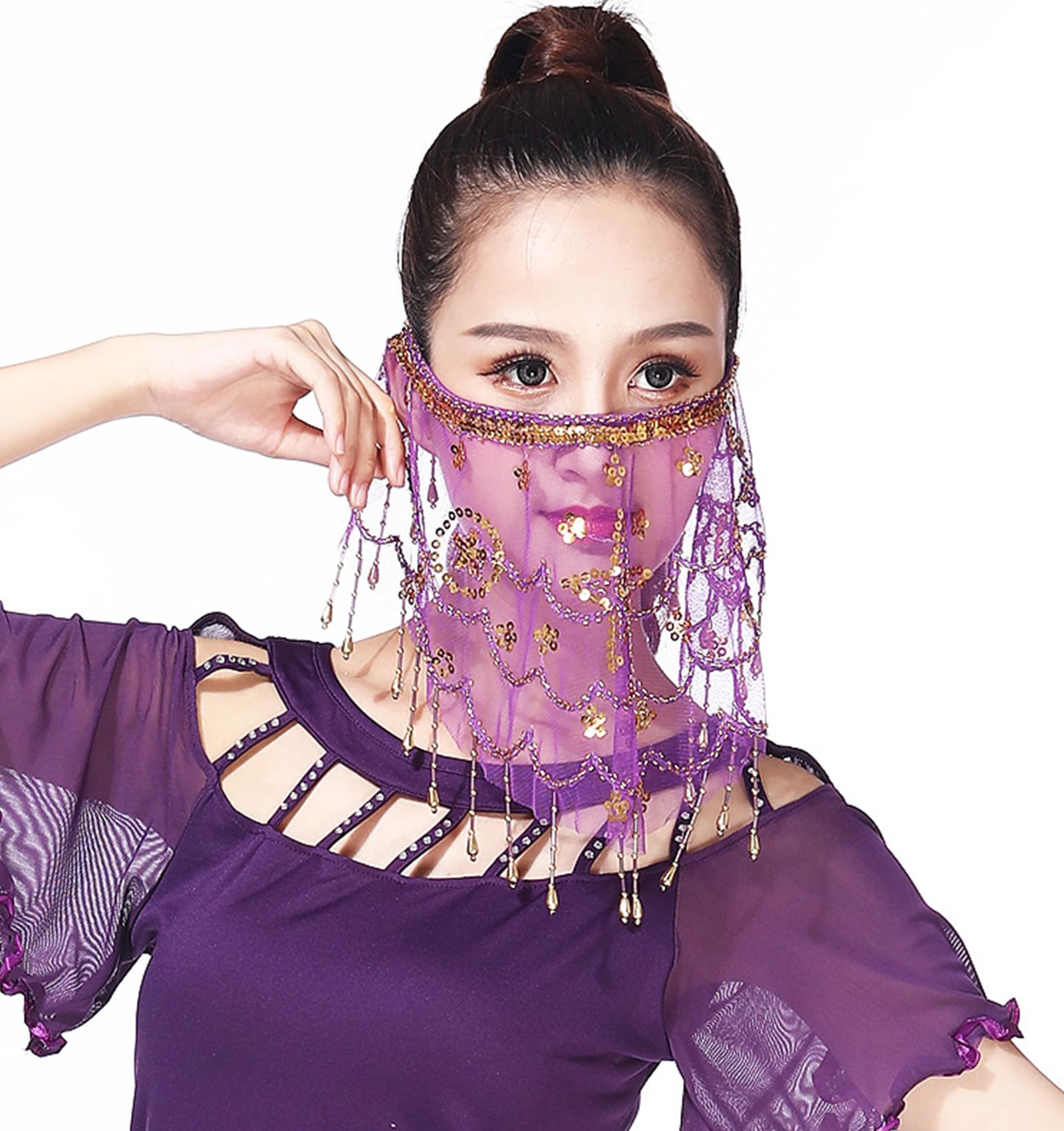 Kbolae Unisex Purple Shinny Sequins Face Veil Belly Dance Face Cover Scarf Performance Accessories Beautiful Mesh Veils Indian Dance Prop