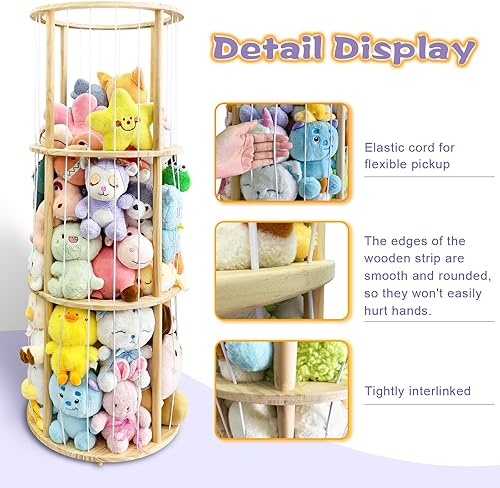 Miniatura 4 de Almacenamiento giratorio de madera para animales de peluche con tocadiscos y banda elástica, soporte grande para animales de peluche, ahorro de