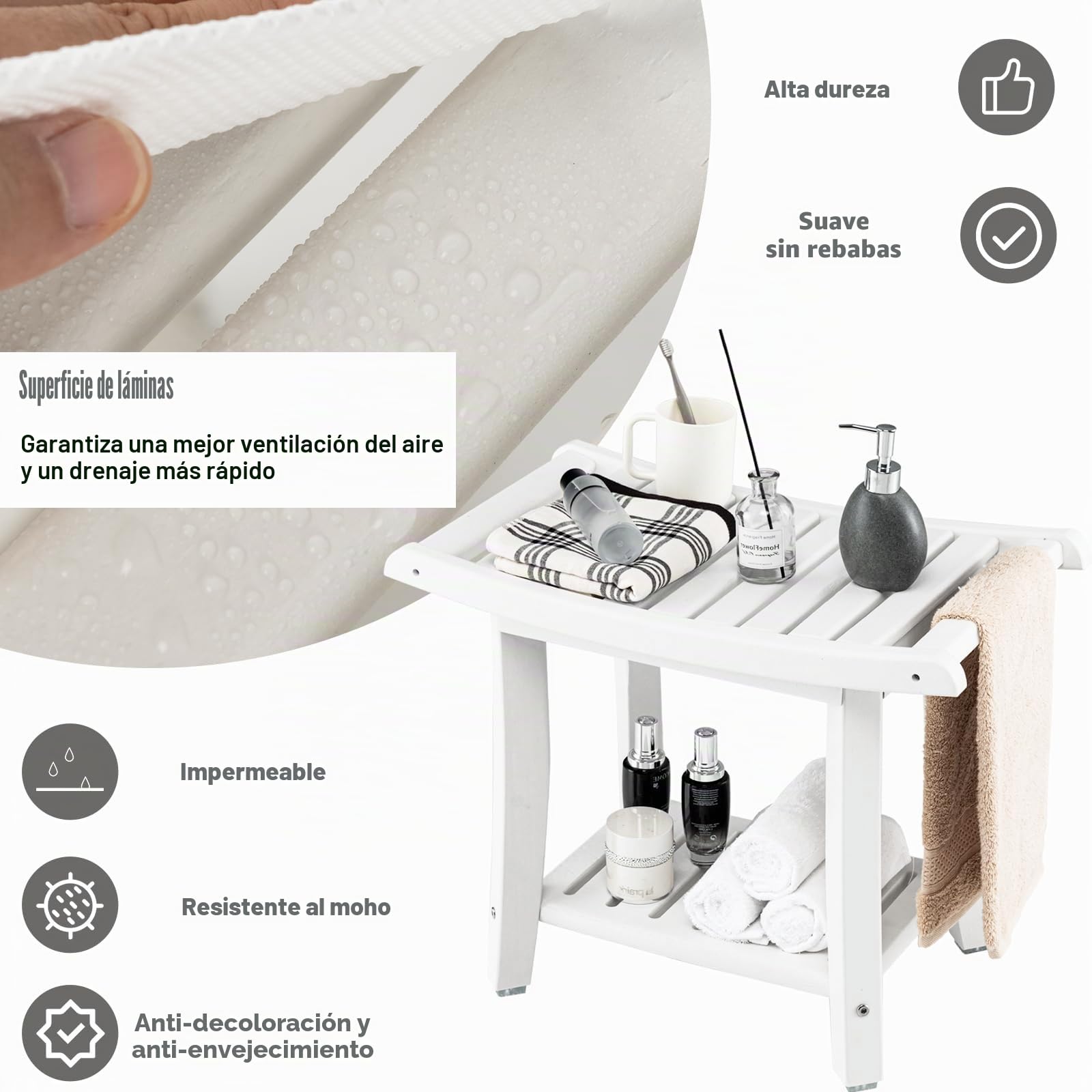HOMASIS Taburete de Ducha, Taburete de baño de HDPE, Mueble Multiusos con reposapiés, Banco de Ducha Impermeable, Capacidad de 150 kg, 60,5 x 34 x 48 cm, Color Blanco