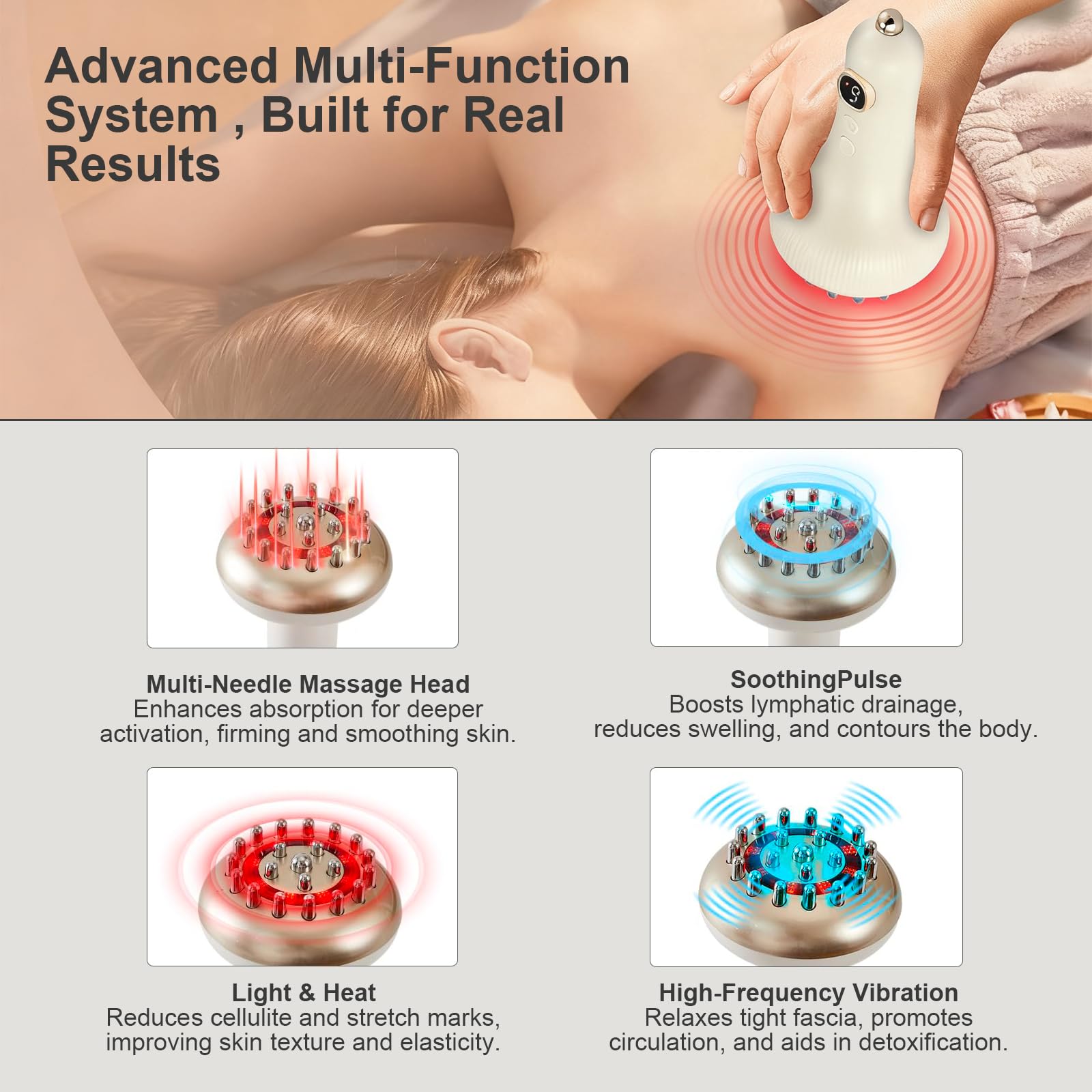 Lymphdrainage Massagegerät & Anti Cellulite Massage, SINZONeu® Wiederaufladbare Körper Massagegerät mit Wärme, Rotlicht, Vibration für Beine, Arme, Bauch，Blassgelb