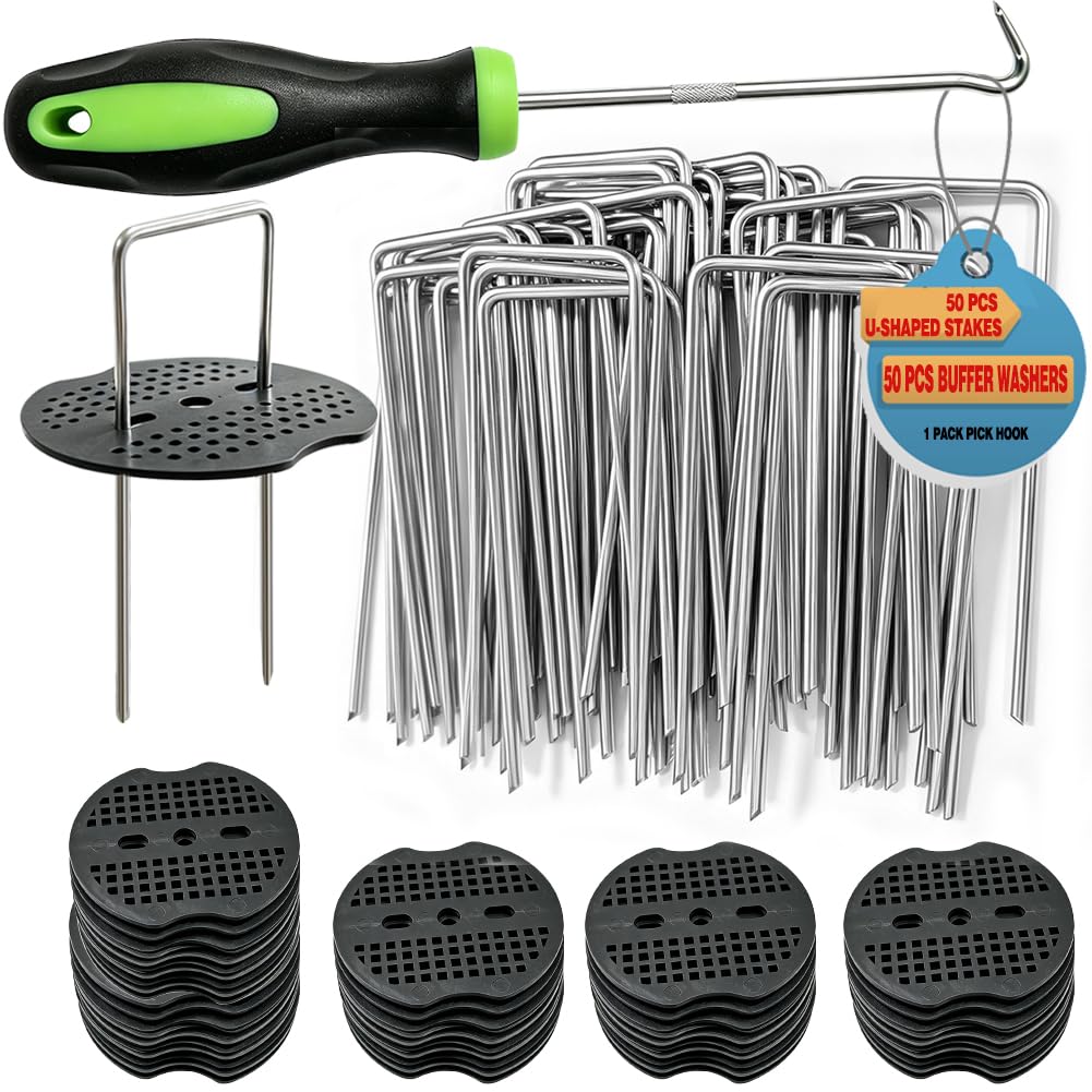 50 Pcs Weed Membrane Pegs + 50 Buffer Washers, Galvanised Steel Garden Pegs