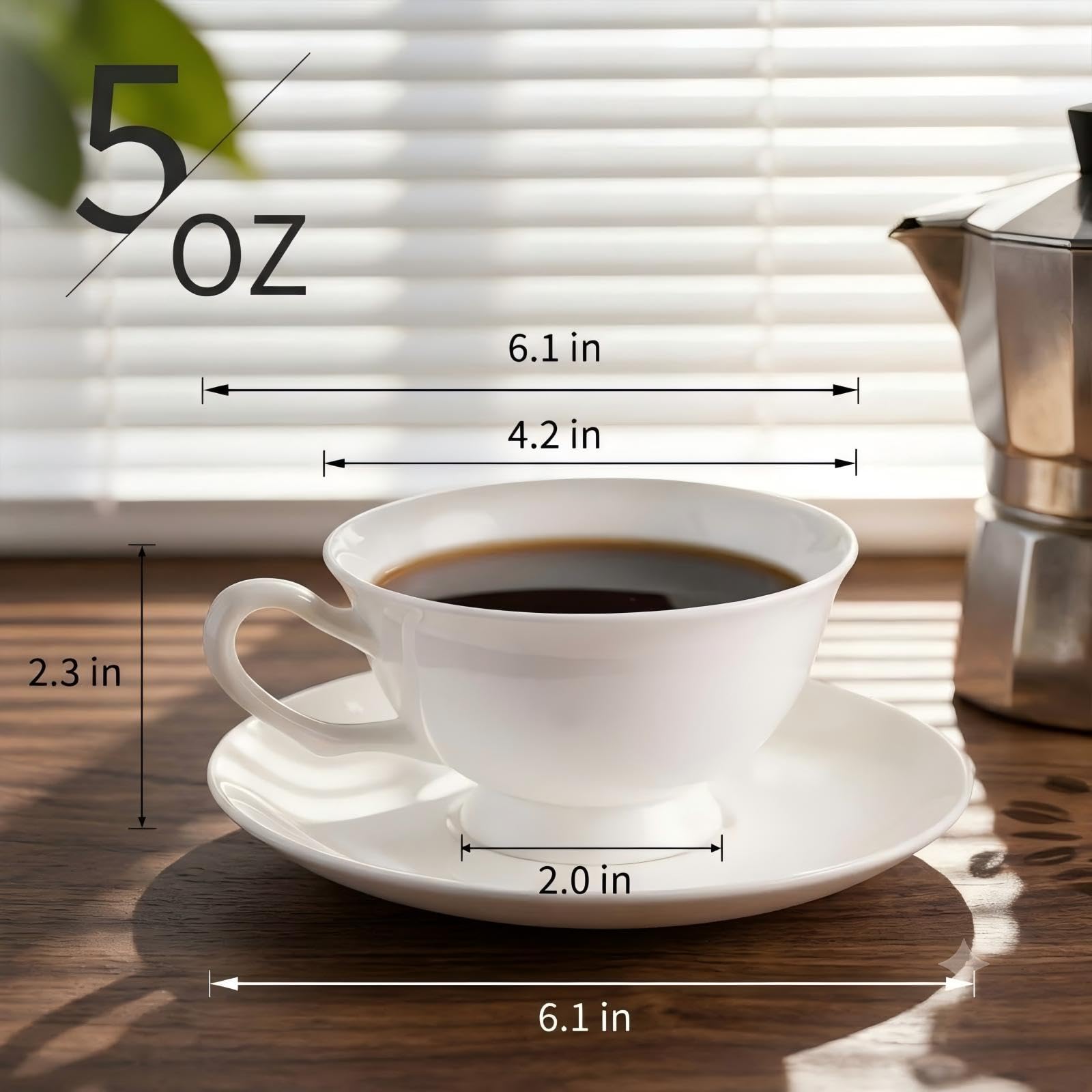 Juego de 2 tazas y platillos de espresso de porcelana fina, 5 onzas | Juego clásico de tazas de té blanco para café, capuchino, latte, té de la tarde, boda, regalo de festival