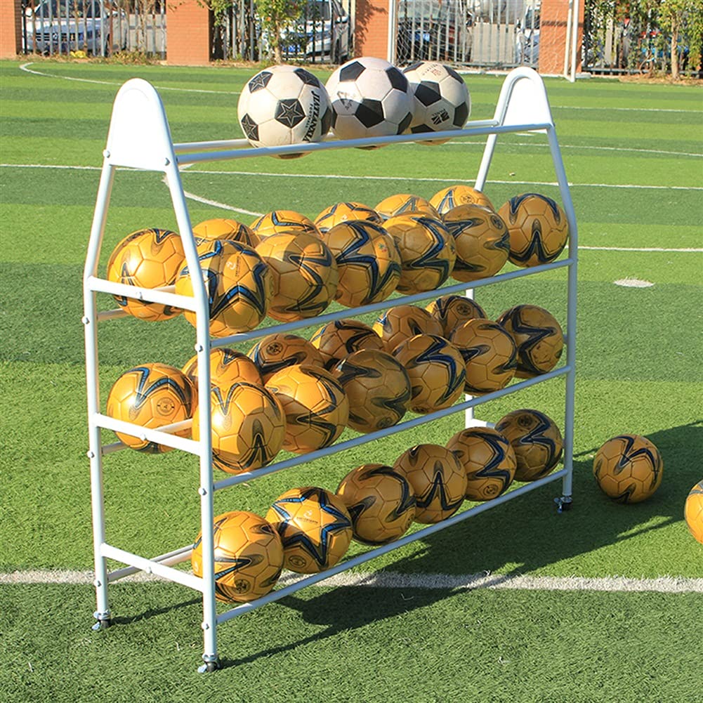 Biały stojak do koszykówki na kółkach, żelazny, 4-poziomowy wózek na sprzęt sportowy do siatkówki i piłki nożnej, duża pojemność, mieści 42 piłki, idealny dla drużyn i drużyn