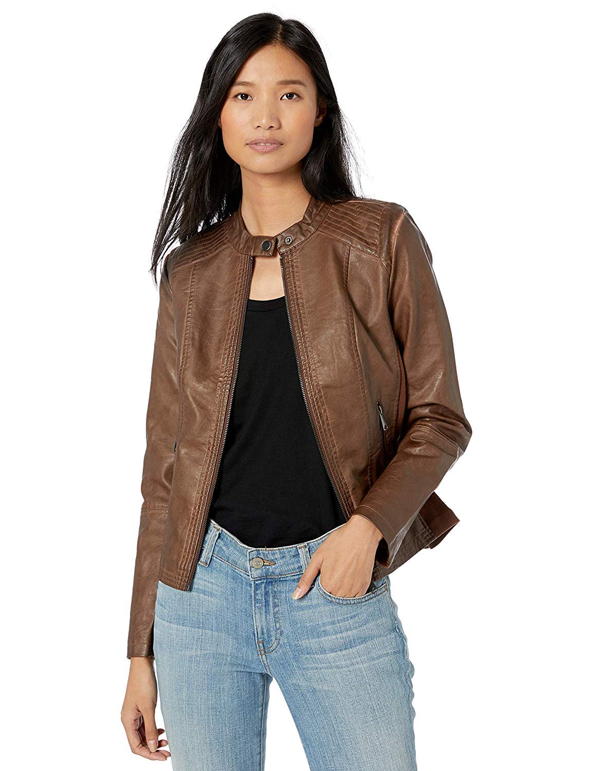 Women's faux leather jacket with moto details and front zip pockets Faux-Leather Jacket