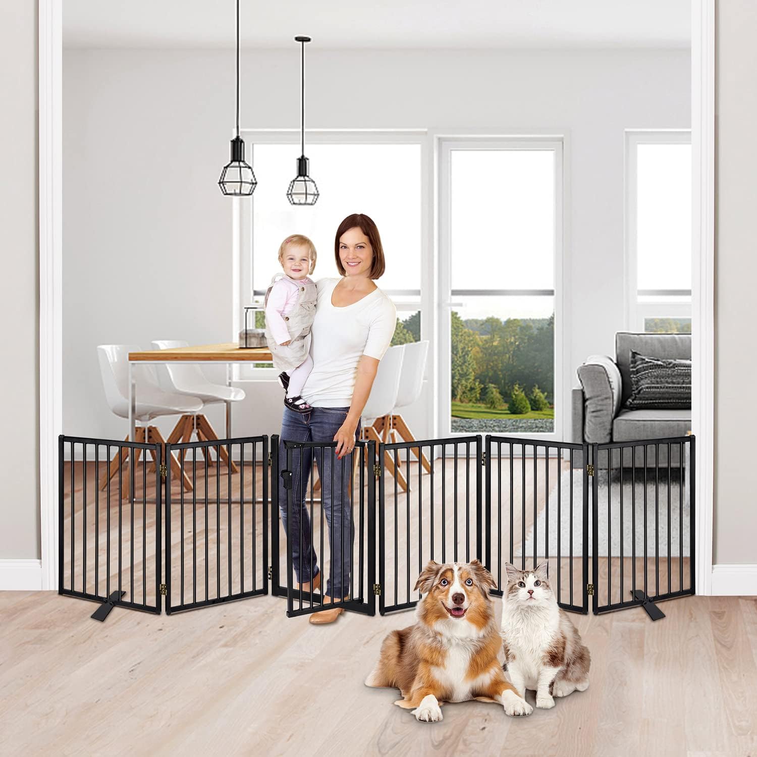 Jeyew Dog Gate with Door for The House Extra Wide, Metal