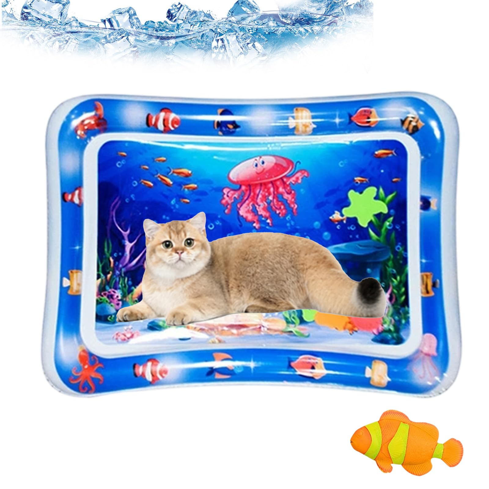 Gienslru Pet Water Sensory Mat, Anti-Scratch Leak Proof Cat Water Mat with Fish, Large 2mm Thickened Cat Water Mat with Floating Fish (Square red jellyfish style, 1)