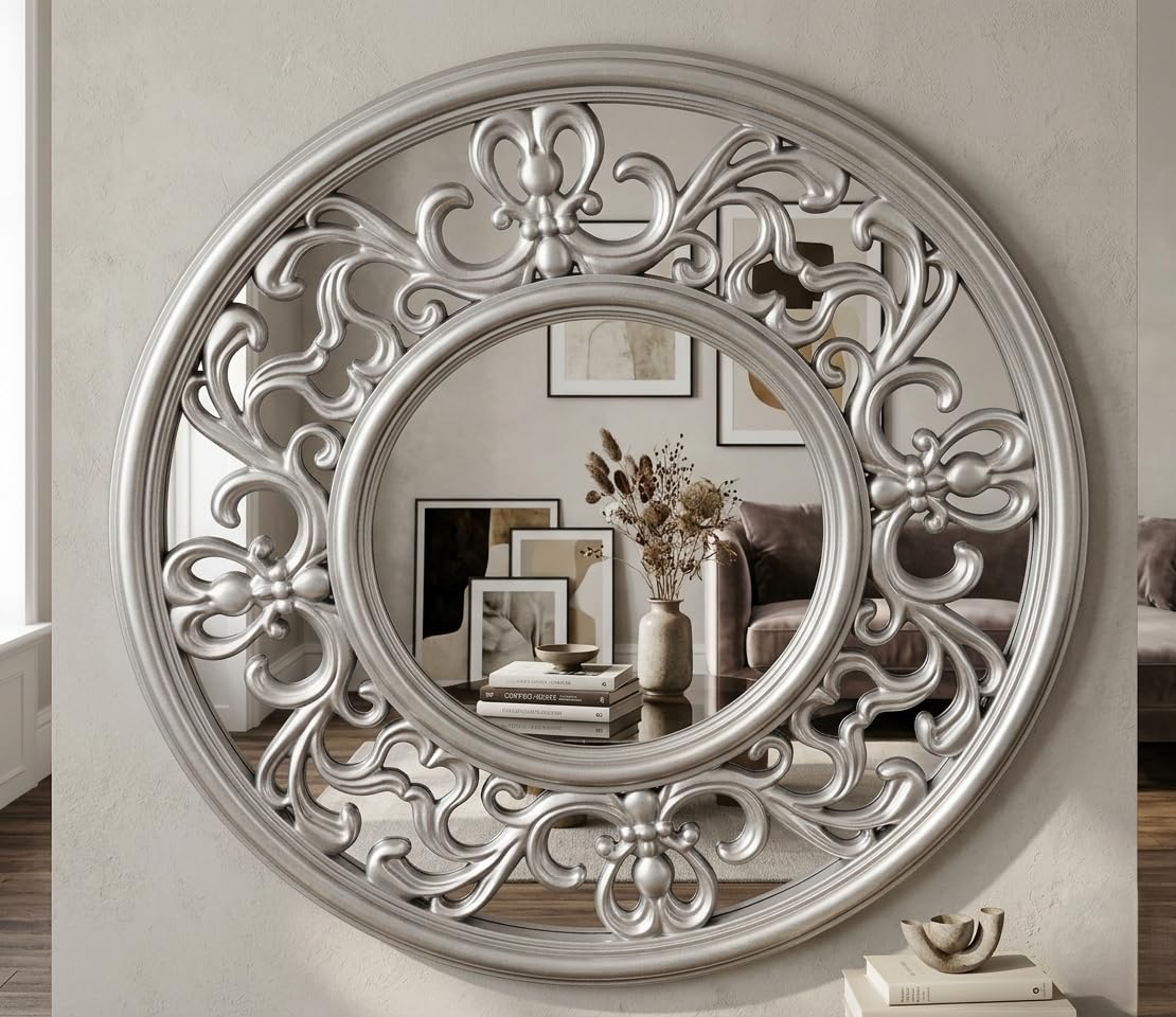 Biznest Silver Decorative Multicolours Round Rococo Wall Mirror /Copper Plastic Stylish Framed With Baroque Horn Border Design Unique And Contemporary Looks 65 X 65 X 2 Cm (Silver)