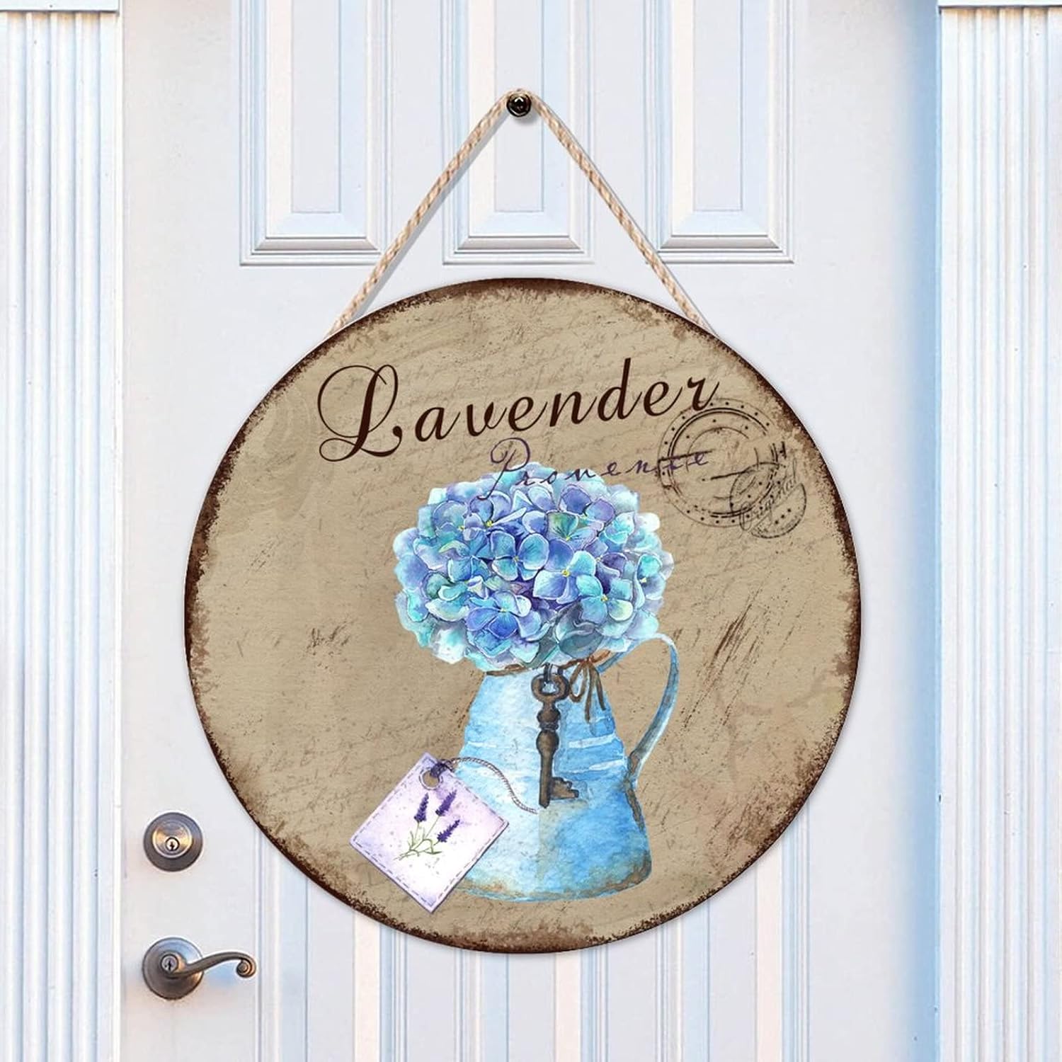 Lavender Round Door Hanger Sign, Old Paper Textures Wood Door Sign, 16x16in Personalized Pattern Wall Door Hanging Sign for Backyard Front Porch Farmhouse Front Door Decor Housewarming Gifts