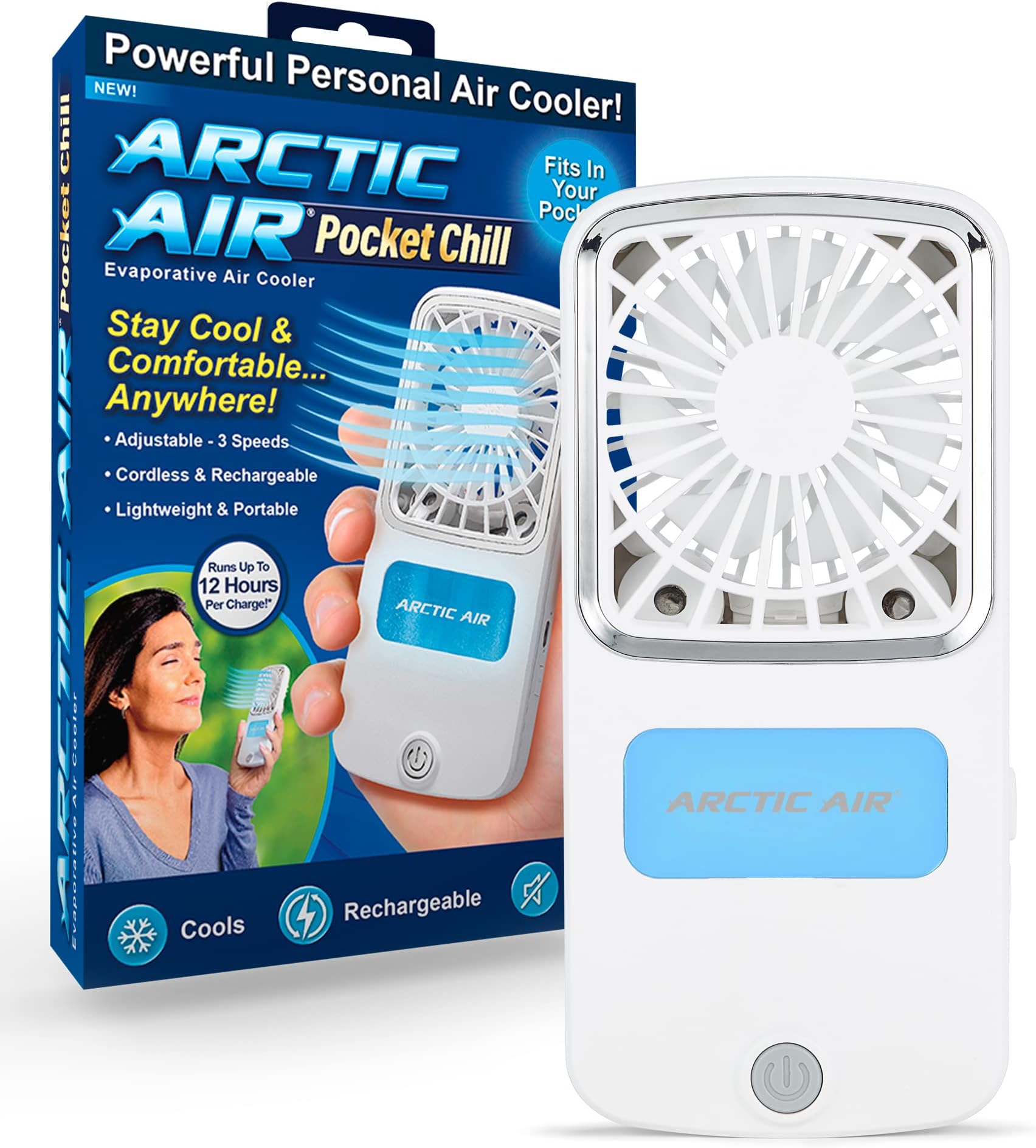 Portable Fan, Pocket Chill Handheld Mini Fan, Rechargeable Personal Air Cooler with Hydro-Chill Technology, 3 Speeds & Built-in-Kickstand, Cordless for Travel, Indoor or Outdoor Use