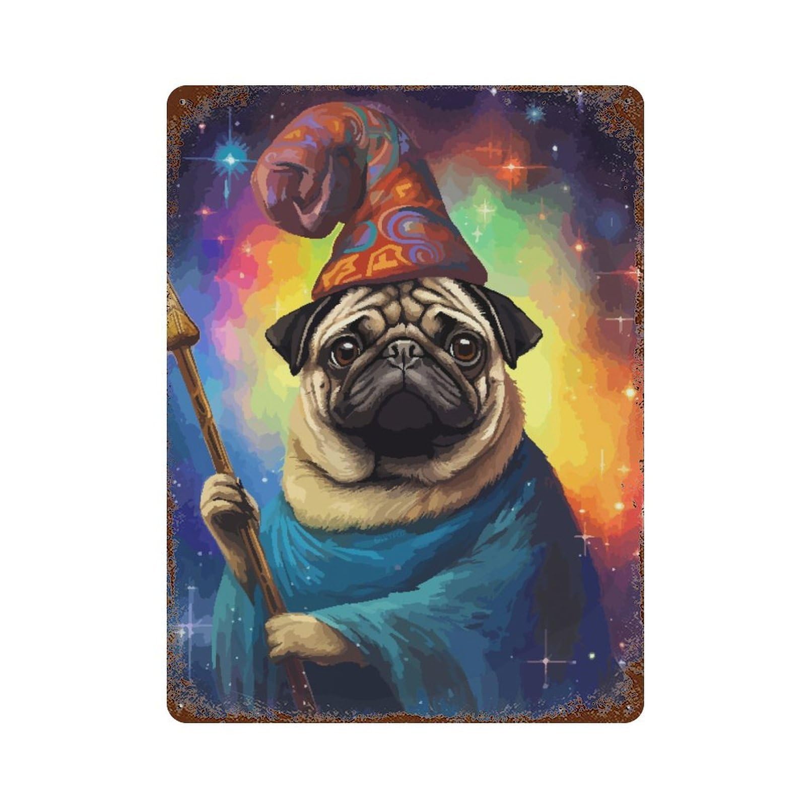 Wizard Pug Funny Pixel Art Vintage Rust Metal Sign 15.7"x11.8", for Basement, Hobby Room And Garage Decor, Farmhouse Wall Decor