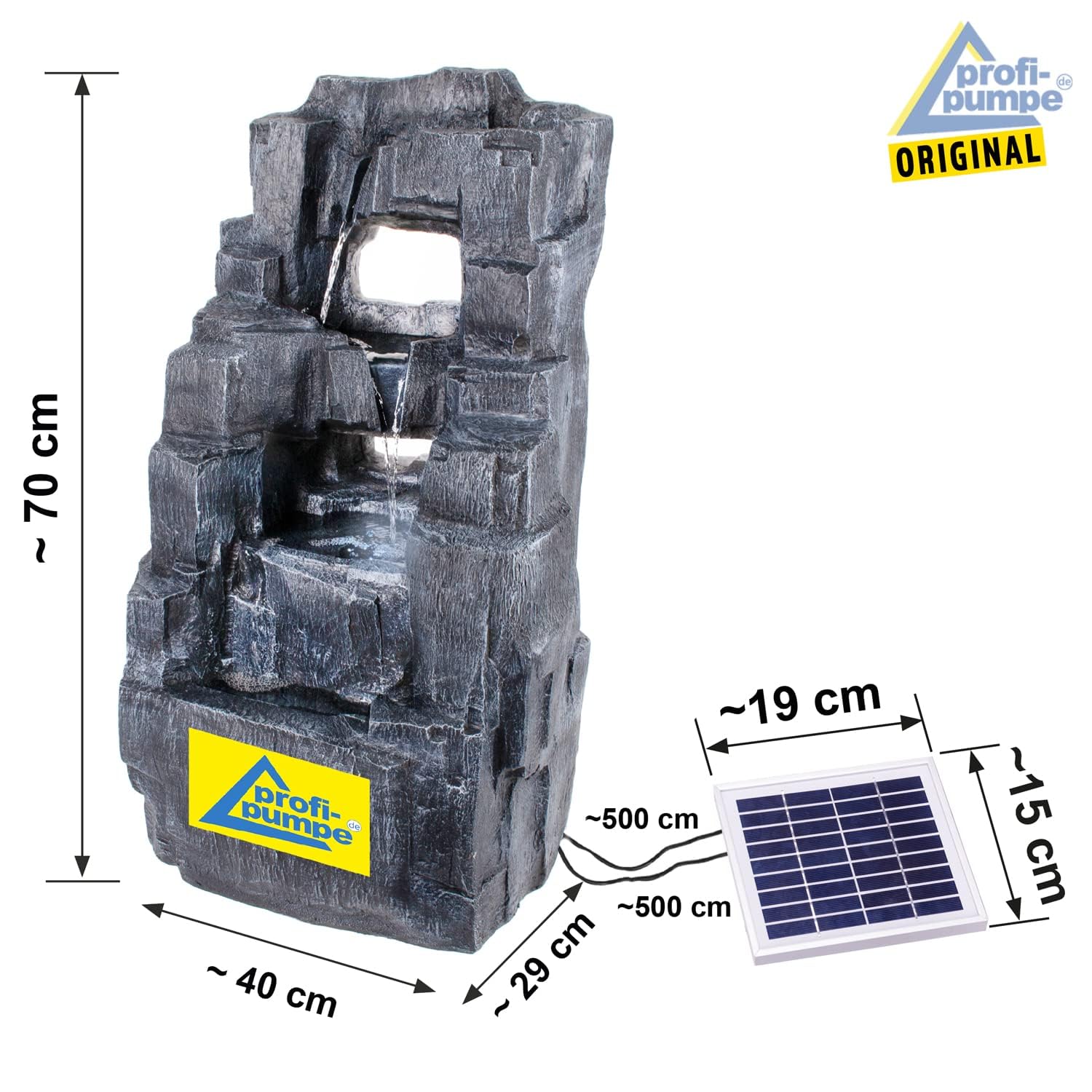 AMUR Fontaine de Jardin Solaire Design Autonome avec Batterie Li-ION et Lumière LED pour Votre Terrasse, Balcon - Ambiance Zen (Fontaine Solaire Cascade)