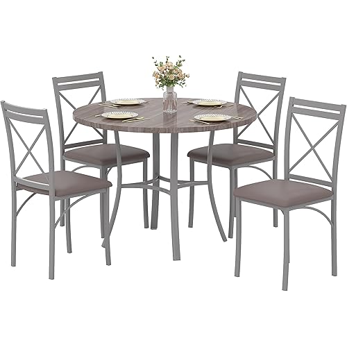 VECELO 5 Piece Dining Table Set for 4, Wood Grain Dinette with Chairs for Kitchen, Breakfast Nook, Small Space, Elegant Grey