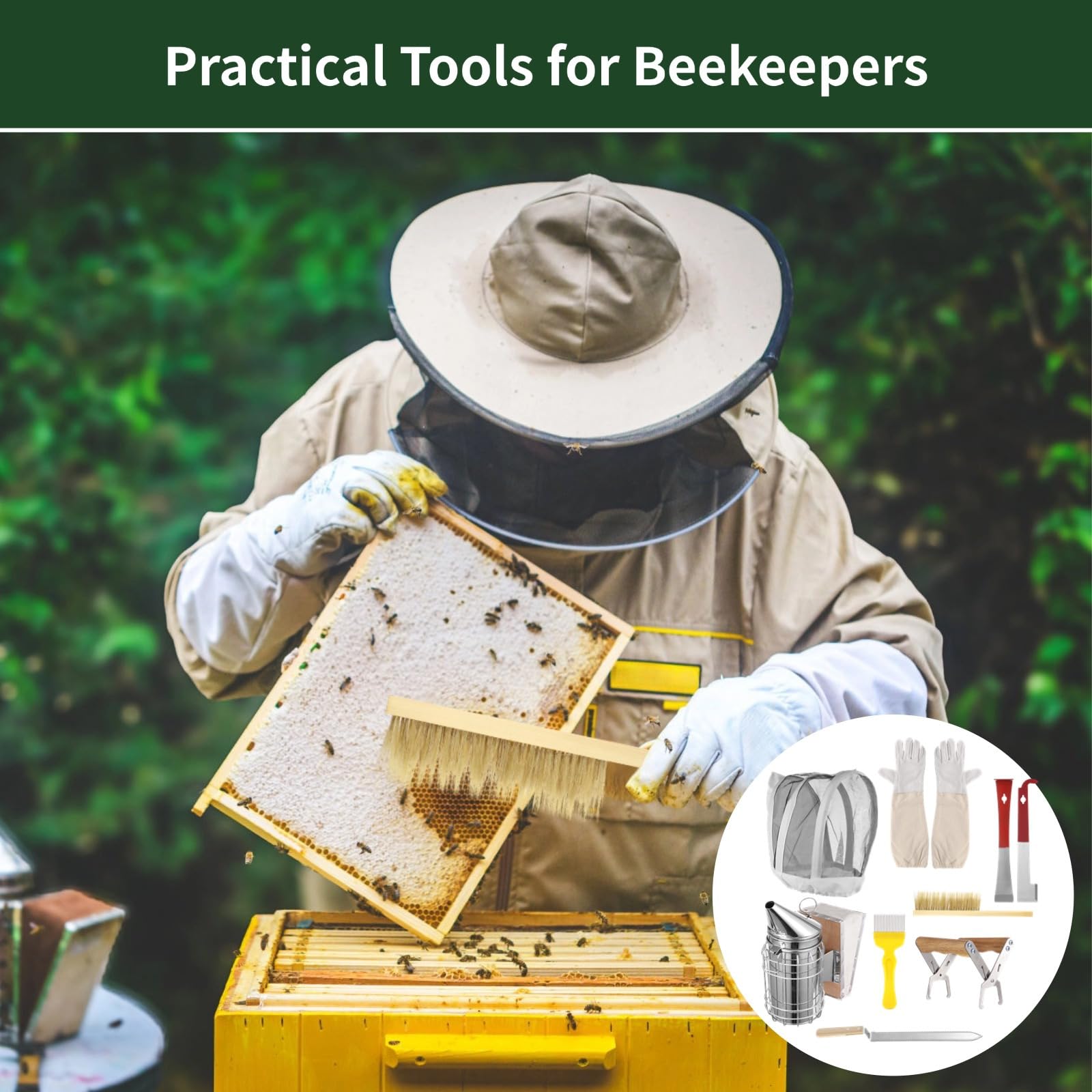 9-teiliges Imker-Set für Anfänger, komplettes Bienenraucherwerkzeug, Hut, Handschuhe für einfache Bienenhaltung und Bienenhandhabung