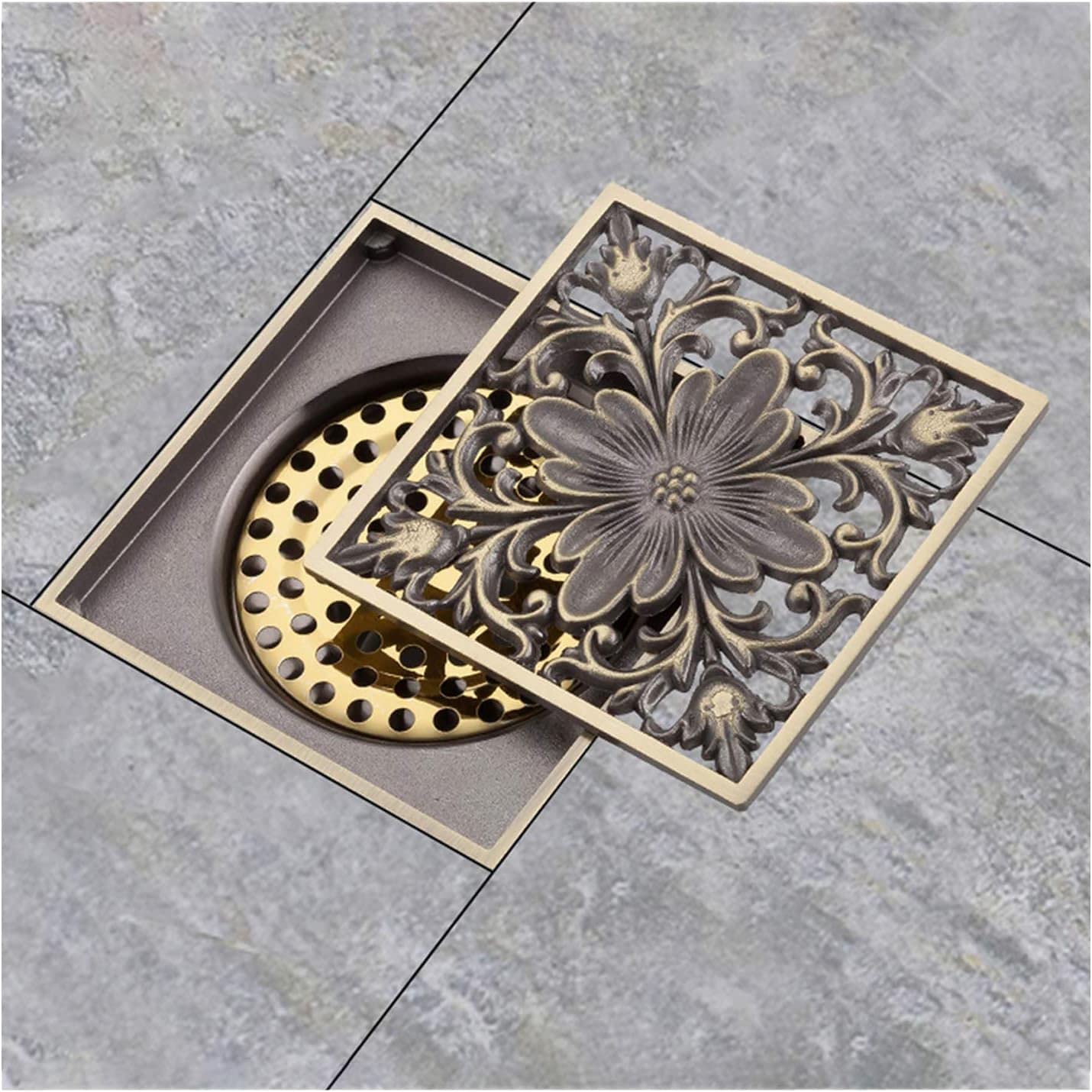 Desagüe de Piso Cuadrado latón Bronce 4 Pulgadas con Desodorante y Cubierta extraíble diseño Flores