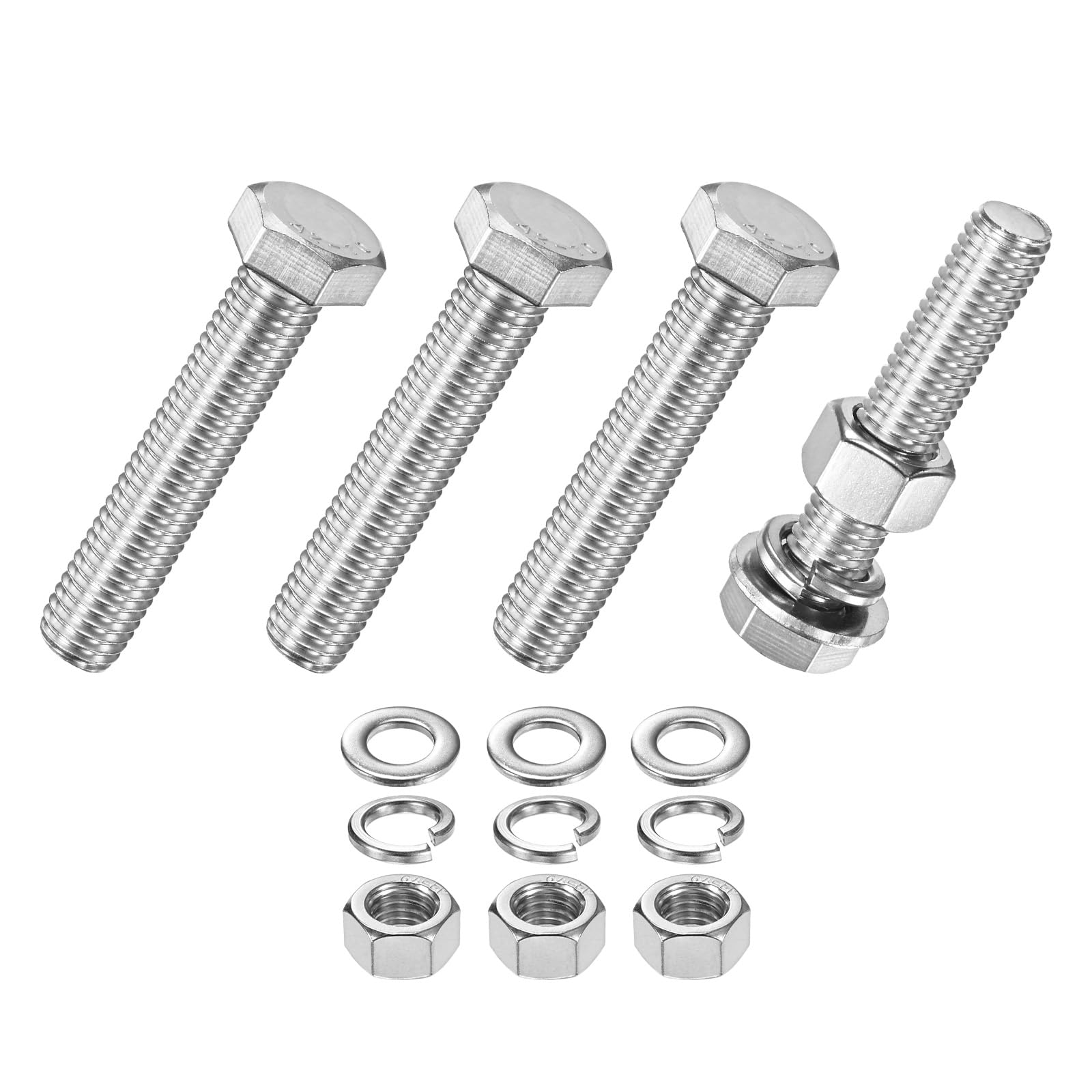 M METERXITY 4-Pack Hex Head Screw Bolt with Nuts Flat & Lock Washers M12x60mm Stainless Steel Bolts and Nuts Kit Fully Threaded Metric Bolt Assortment for Equipment/Machinery