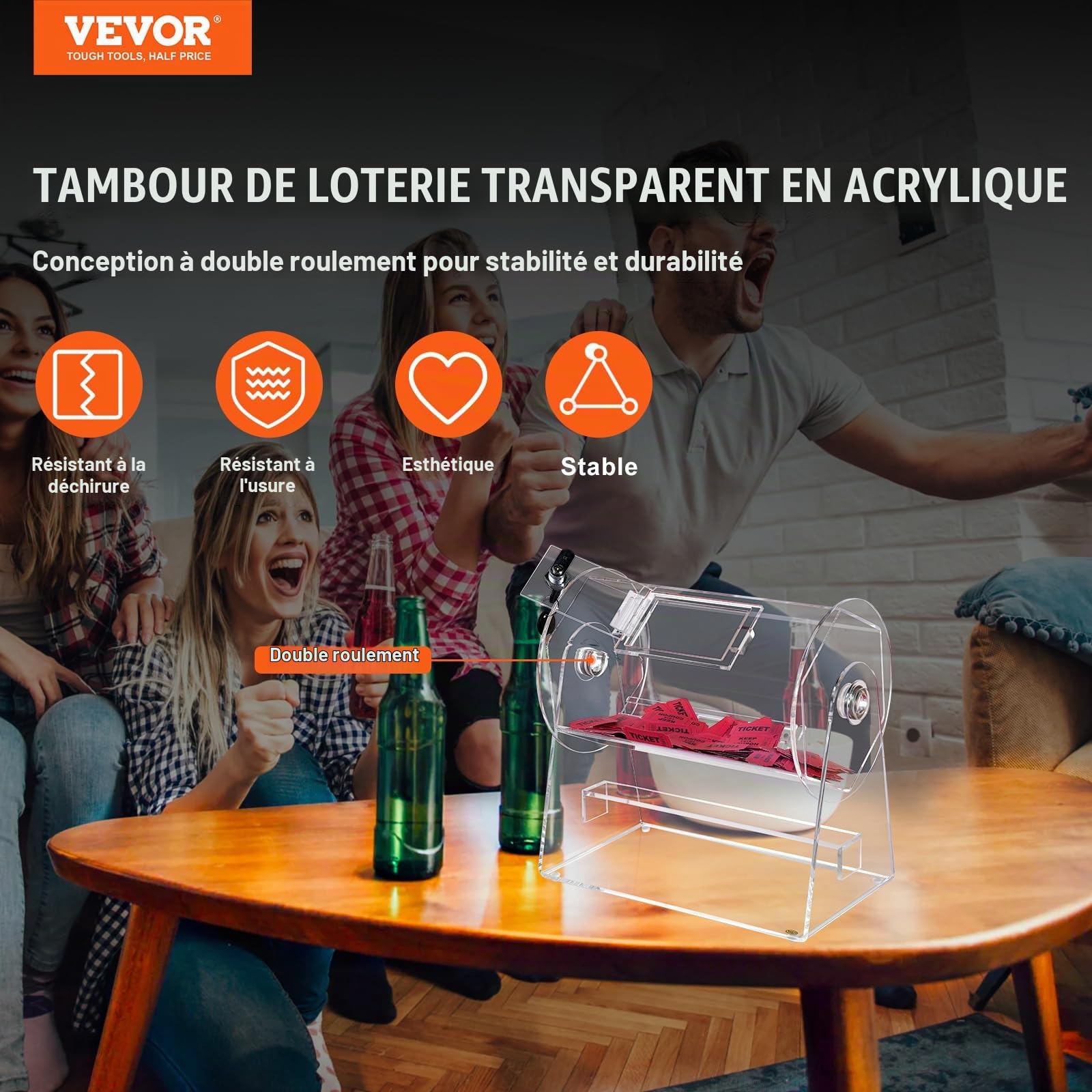 VEVOR Tambour de Tombola Loterie Loto en Acrylique, Capacité 2500 Billets ou 100 Balles, Cage pour Jeu de Bingo Transparente, avec 2 Clés, 308 x 310 mm, pour Vote Événement Fête Salon Rassemblement