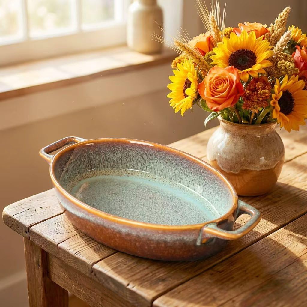 Baking Dish Ceramic Baking Dish、oval baking pan Set、Double handles Suitable for lasagna、Baking、Oven 12.4IN、9.8IN Reactive Glaze 2-Piece