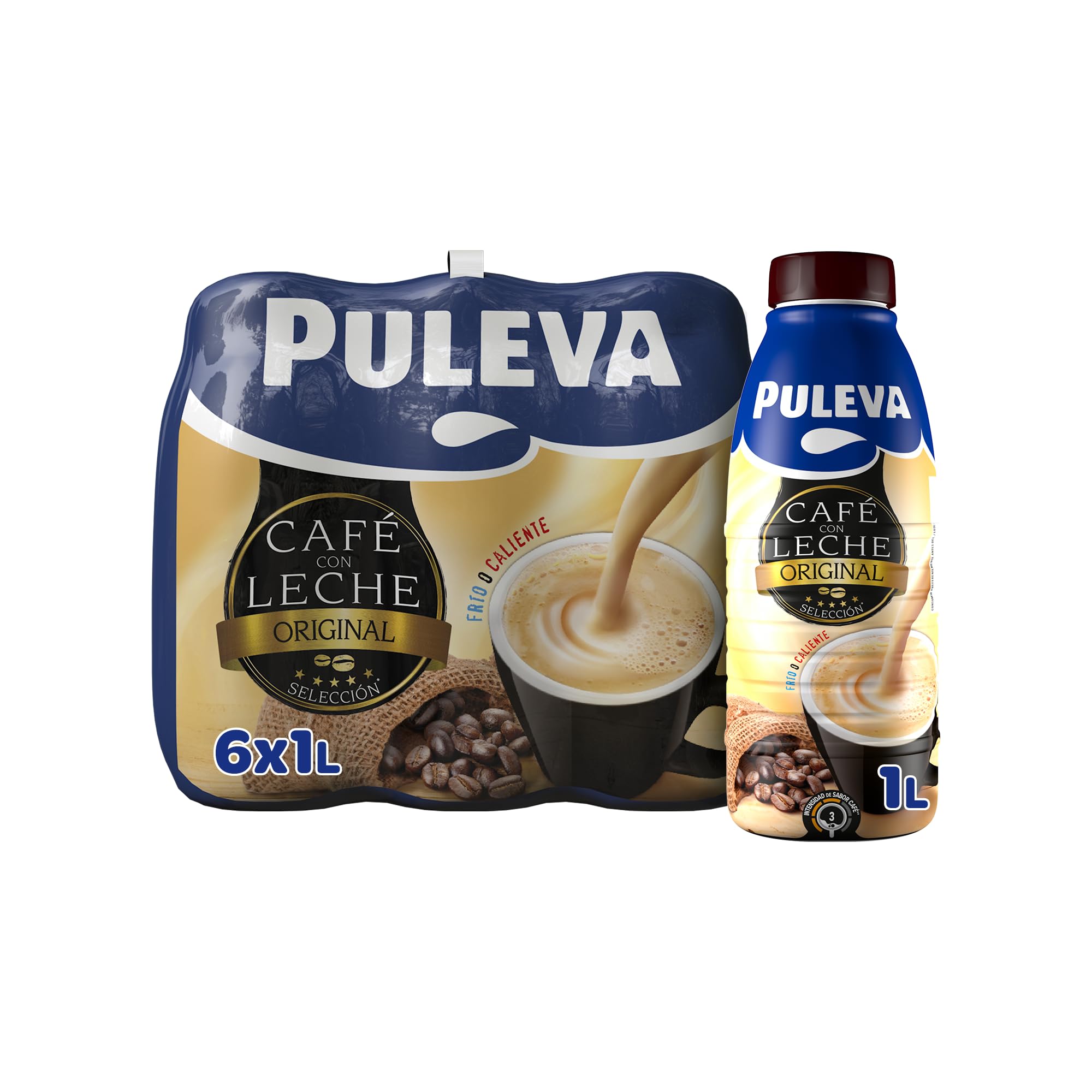 Puleva - Café con Leche Original, Bebida Láctea, Lista para Tomar, Mezcla de Café Arábica y Robusta, Tomar Frío o Caliente, Rico en Vitaminas A y D, Pack 6 x 1 Litro