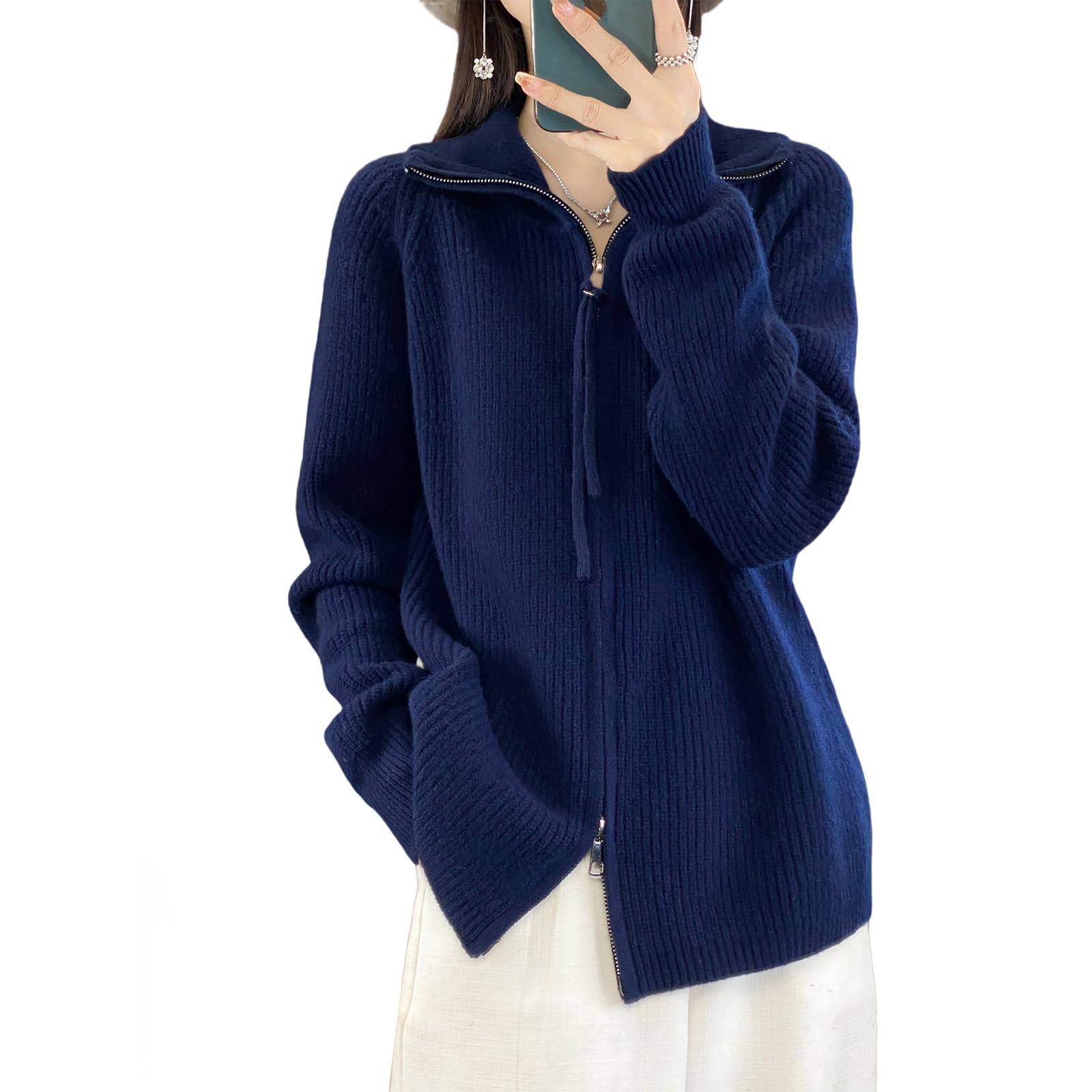 Apvirdy Zip Up Sweaters for Women Merino Wool Sweater Cardigan Turtleneck Baggy Open Front Knit Cardigan with Coat