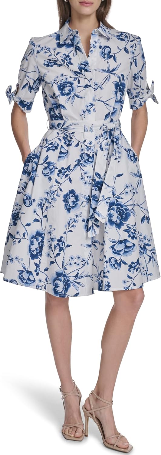Calvin Klein Womens Short Sleeve Collared Neck Cotton Self Tie A-line Dress - Image 2