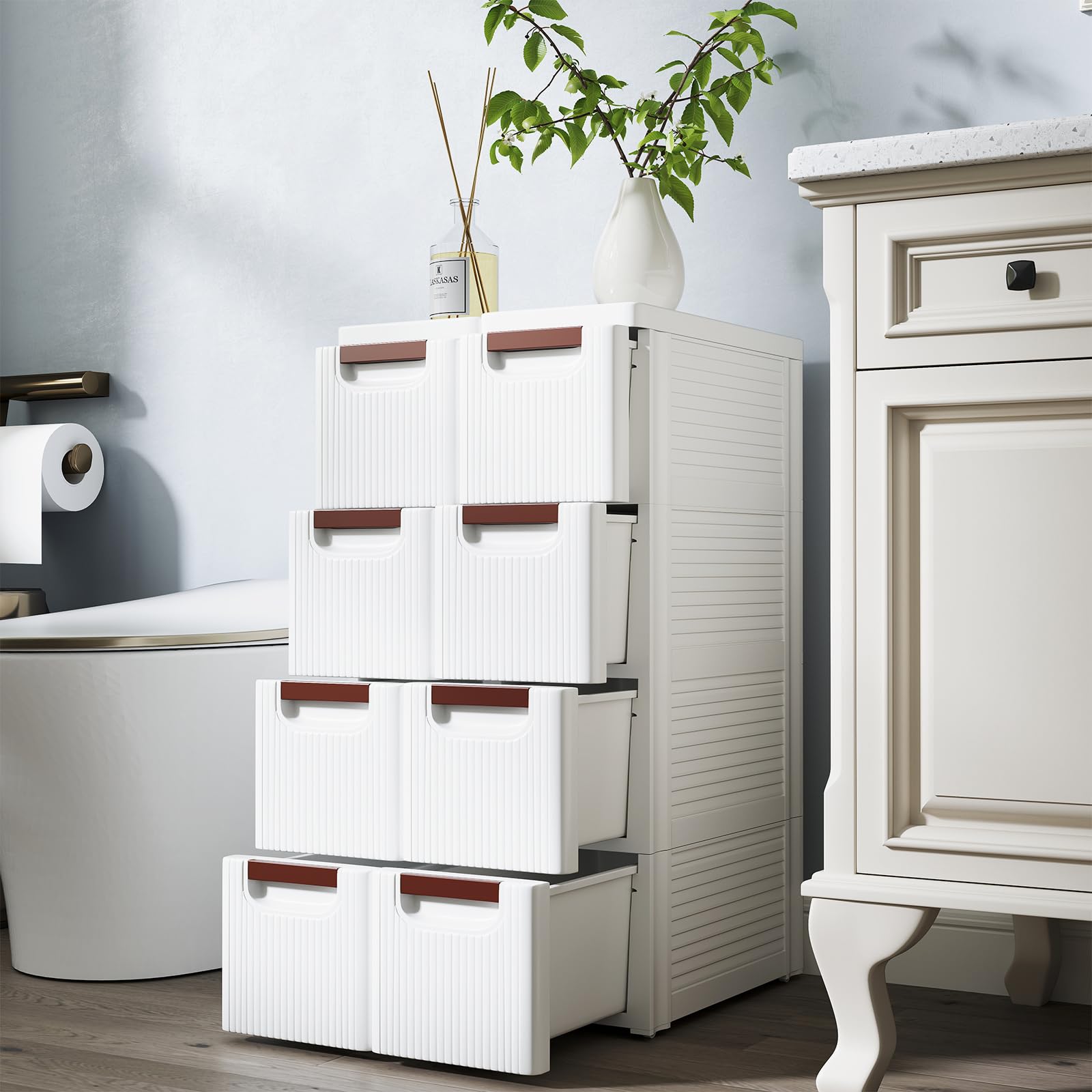 GIANTEX Mobiletto Stretto con Ruote, Carrello e Organizzatore Slim con 3/4/5/6 Cassetti per Spazi Piccoli, Cassettiera di Plastica per Soggiorno, Bagno, Cucina, Bianco (42 x 19 x 74 cm)