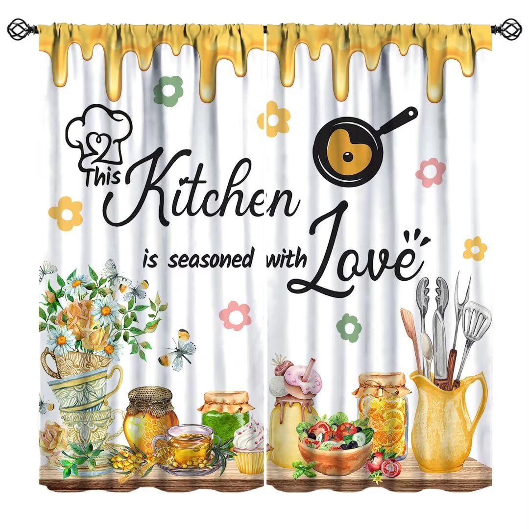 JanJCurt Farmhouse Honey Kitchen Curtains, Rustic Retro Watercolor Tea Cups Daisy Flowers Butterflies Sweet Cakes Print Window Drapes for Bedroom