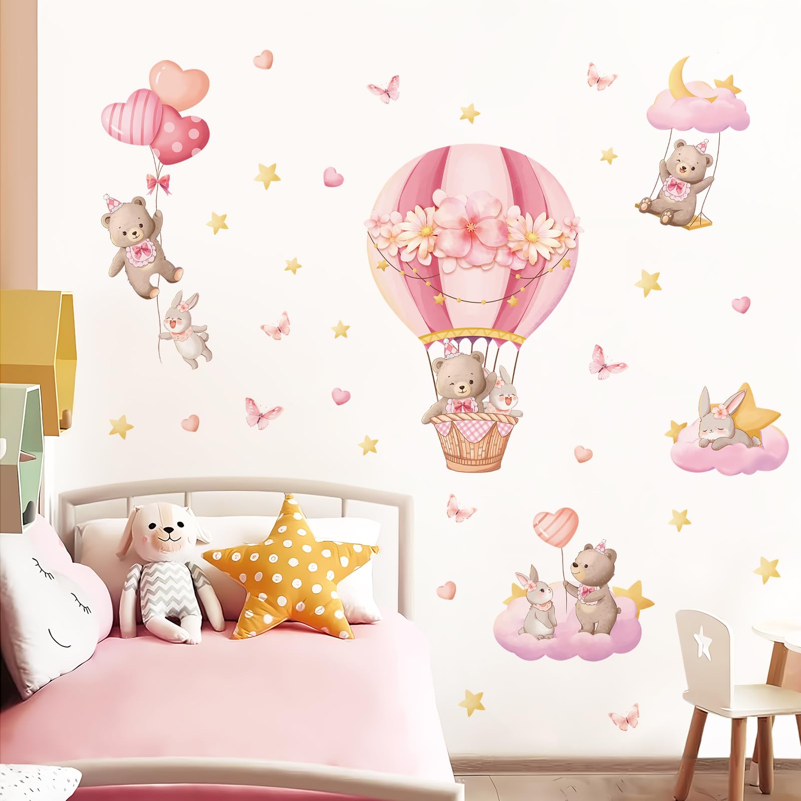 Tanlaby Mongolfiera Rosa Adesivo da Parete Orso Coniglio Stelle Nuvole Adesivi Murali Animali a Palloncino Decorazione Murale per la Cameretta dei Bambini Camera da Letto Aula