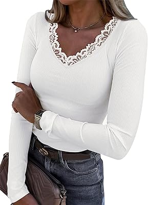 LUXVEER Long Sleeve Shirts for Women Lace V Neck Ribbed Fitted T-Shirt Dressy Business Casual Blouses 2026 Trendy Fall Tops