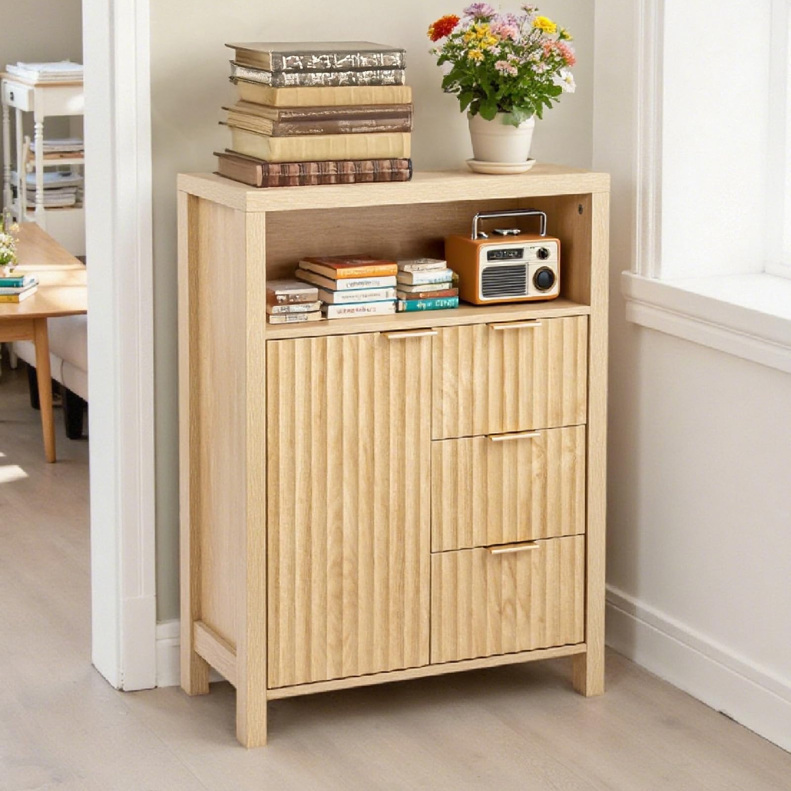 Bonnlo Armoire de salle de bain avec 3 tiroirs, étagères et compartiment ouvert, armoire de rangement striée, pour salon, salle de bain, cuisine, chambre à coucher, 60 x 30 x 80 cm, couleur chêne