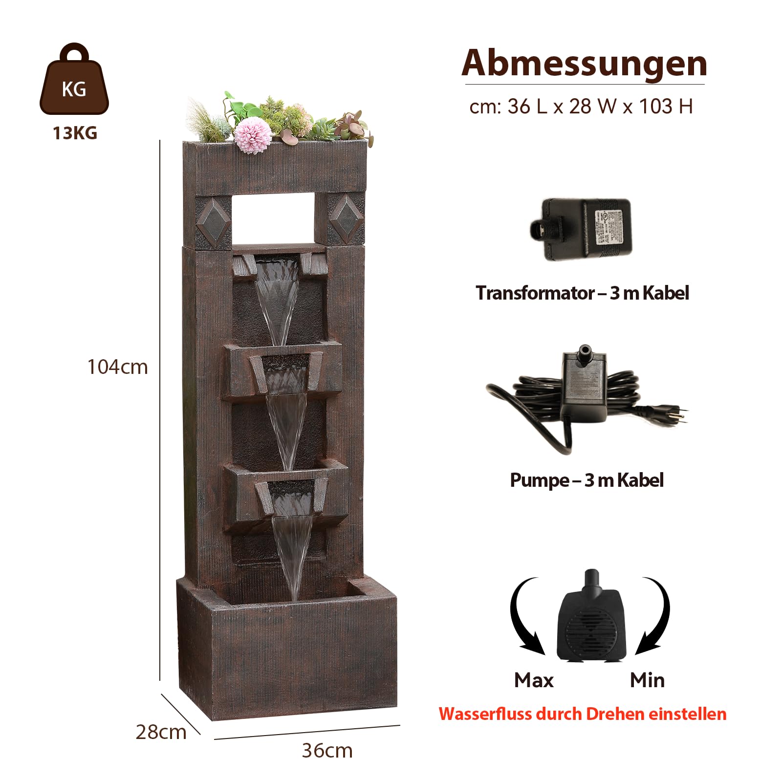 Bumilgar 104 cm Gartenbrunnen, 4-stufiger Wasserbrunnen aus Kunstharz, moderner freistehender Wasserfall mit LED-Lichtern für Terrasse, Garten, Deck, Veranda und Heimdekoration, Braun